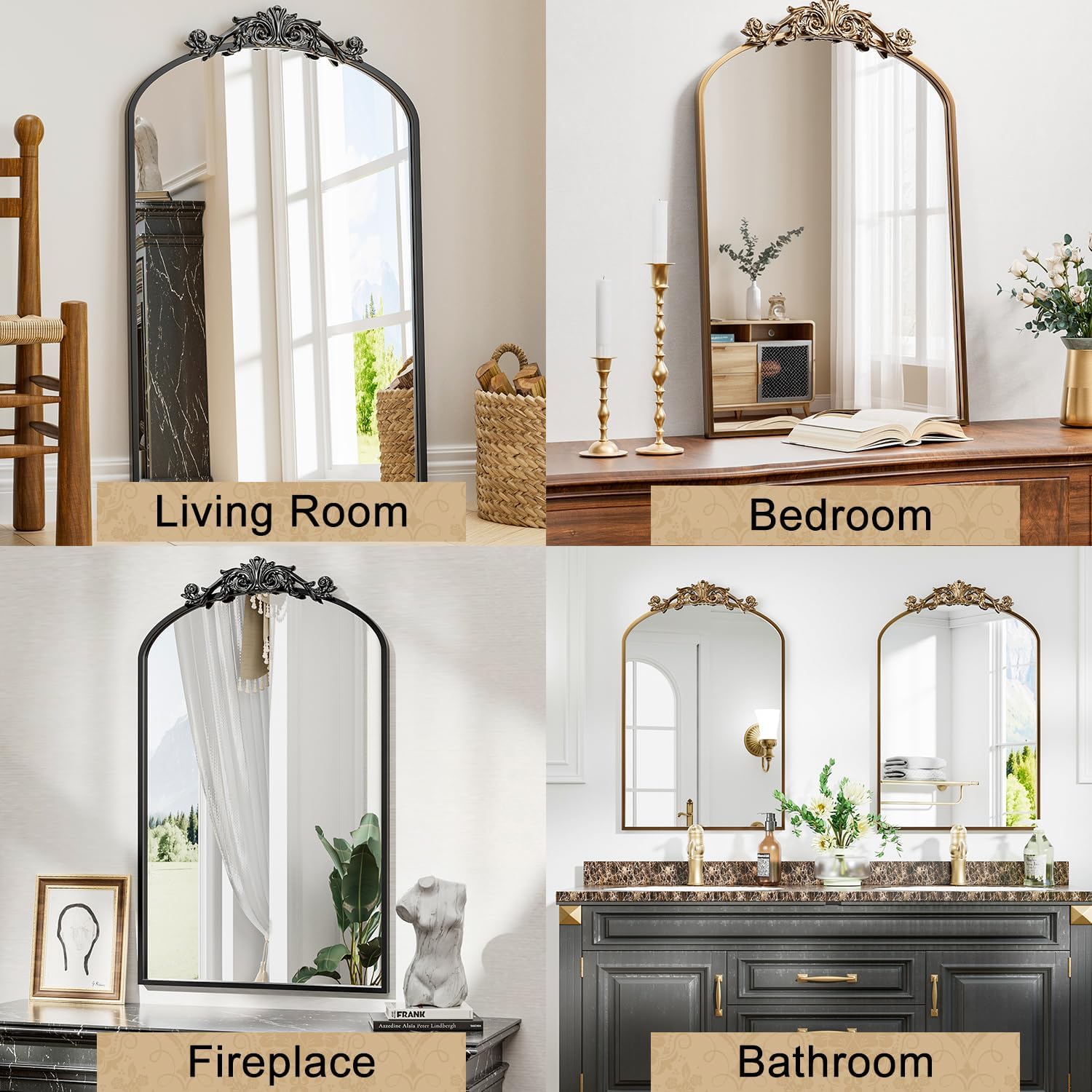Detalle de Dewfig Antique Arched Wall Mirror (22" x 30") with Vintage Bronze Baroque Frame