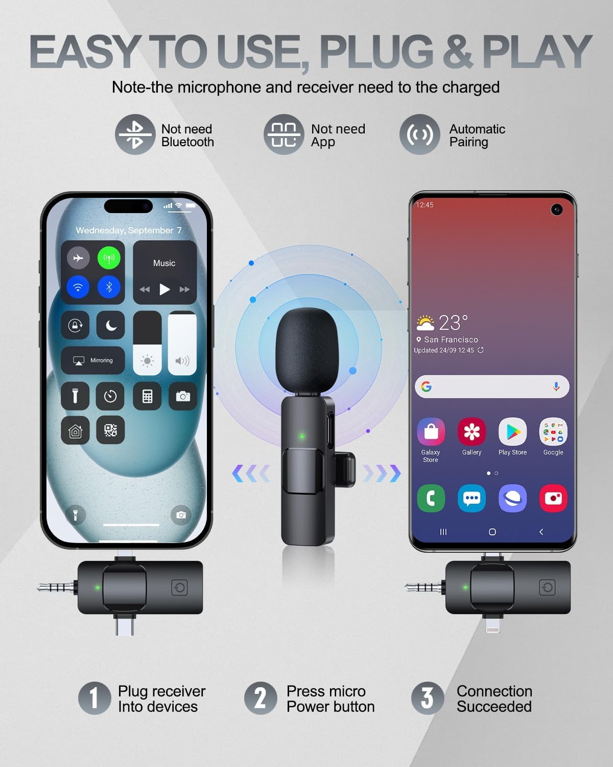 Detalle 2 de PQRQP 3-in-1 Wireless Lavalier Microphone 🎤