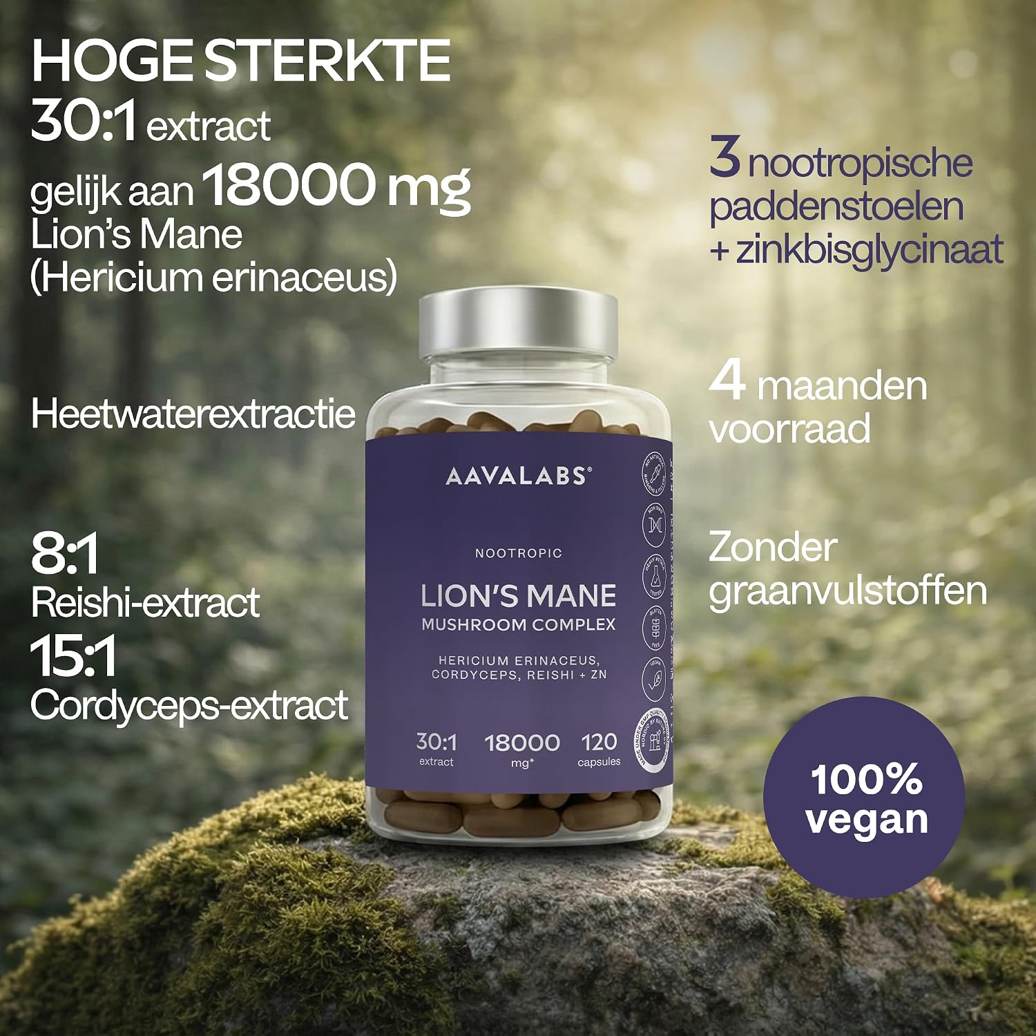 Detalle de AAVALABS Pruikzwam supplement met 30:1-extract, zink, Reishi en Cordyceps