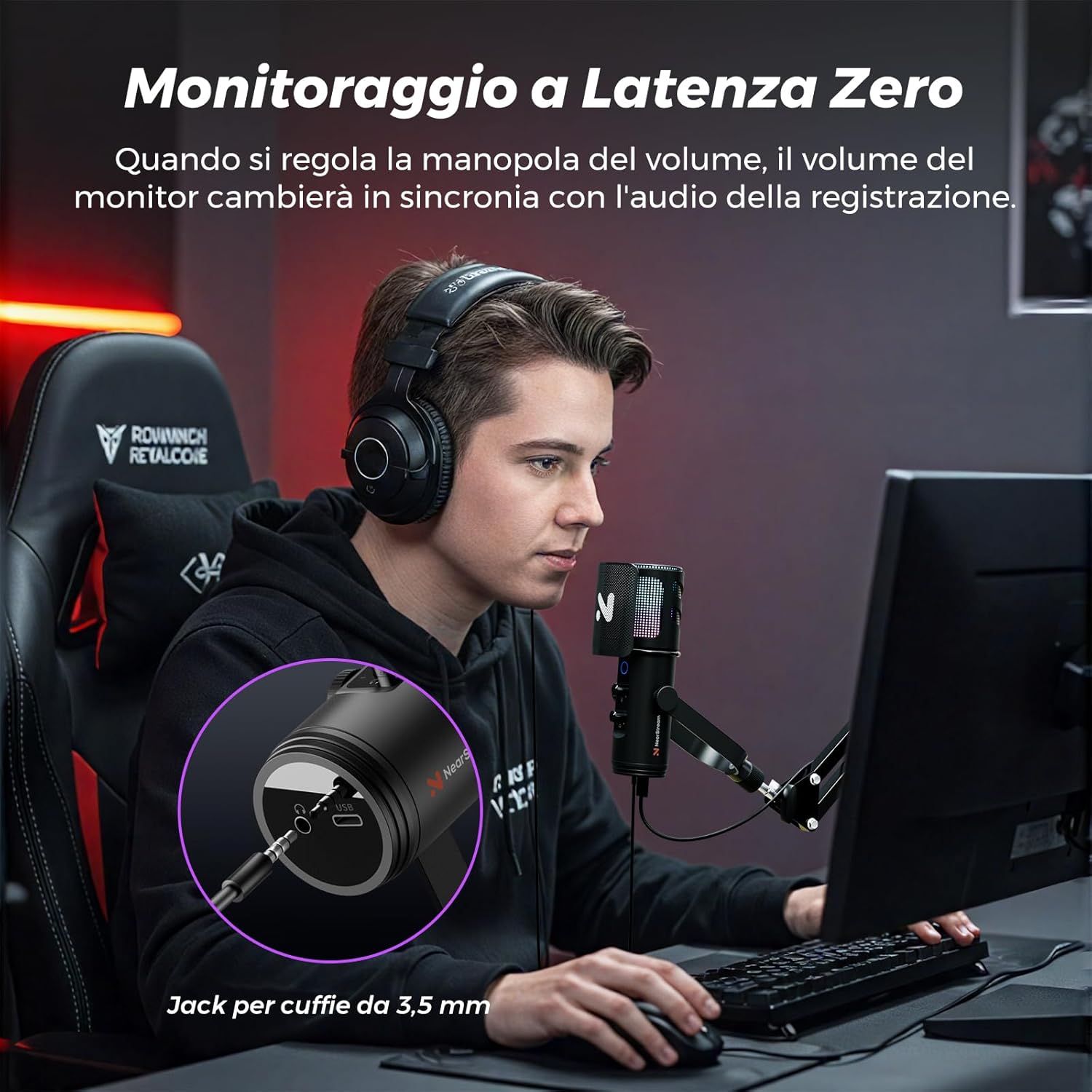 Detalle de NearStream Microfono da gioco per PC: USB con cancellazione del rumore, RGB e braccio a ghigliottina