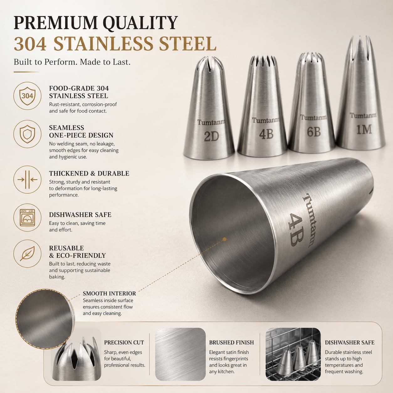 Detalle de Tumtanm #1M #2D #4B #6B Large Piping Nozzles – 4pc Stainless Steel Set for Cakes & Baking