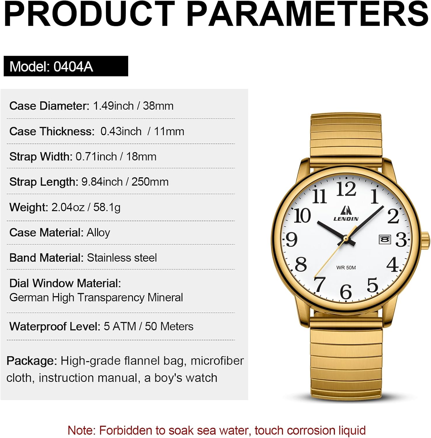 Detalle 2 de LN LENQIN men’s 38 mm analog quartz watch with stainless steel expansion strap (water-resistant, easy-read dial)