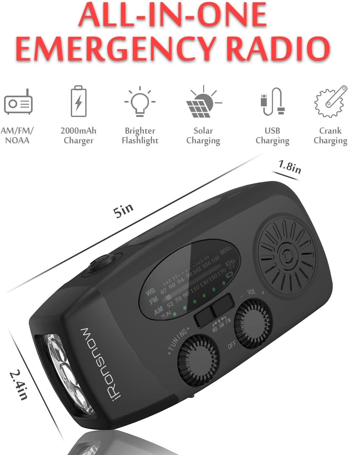 Detalle de iRonsnow 2000mAh wind-up solar emergency crank weather radio (NOAA/FM/AM) with torch & USB-C phone charging