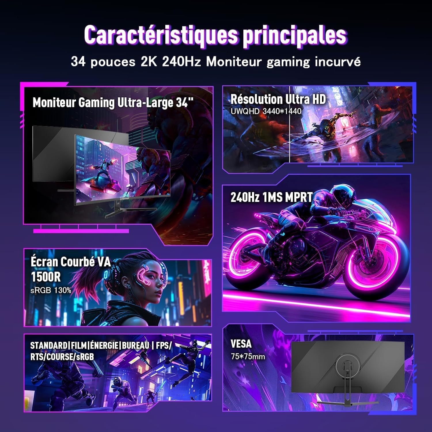 Thumbnail 1 de Amzfast AMZG34C5QPro – Écran PC gamer incurvé 34" 240 Hz UWQHD 3440×1440 (21:9)