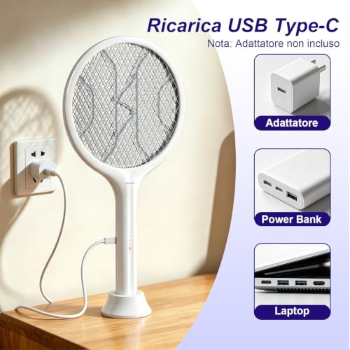 Detalle 2 de Toolviann Racchetta Zanzare Elettrica 4000V 1800mAh con USB‑C 2 in 1 – protezione a 3 strati