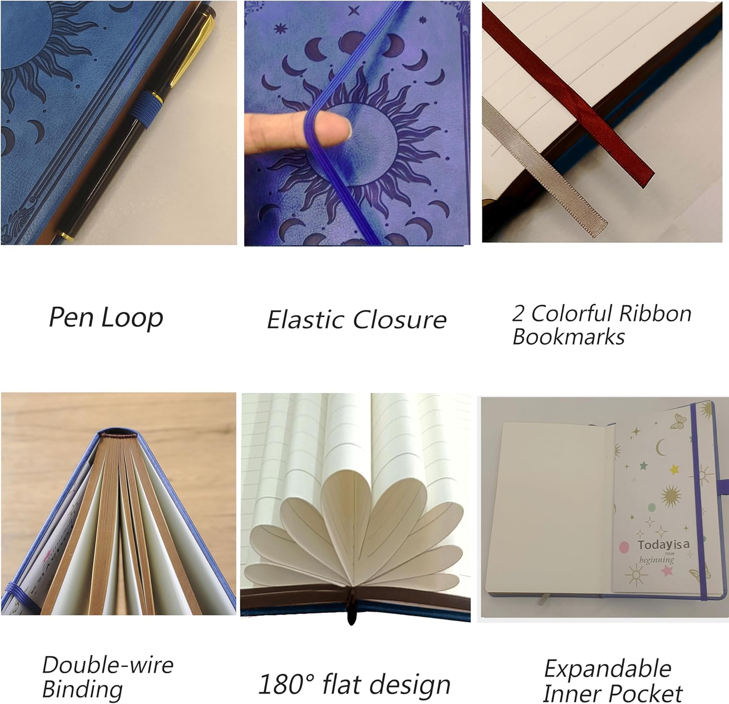 Detalle 2 de HwxBen A5 360-page leather-look journal notebook with vintage sun & moon design (blue)