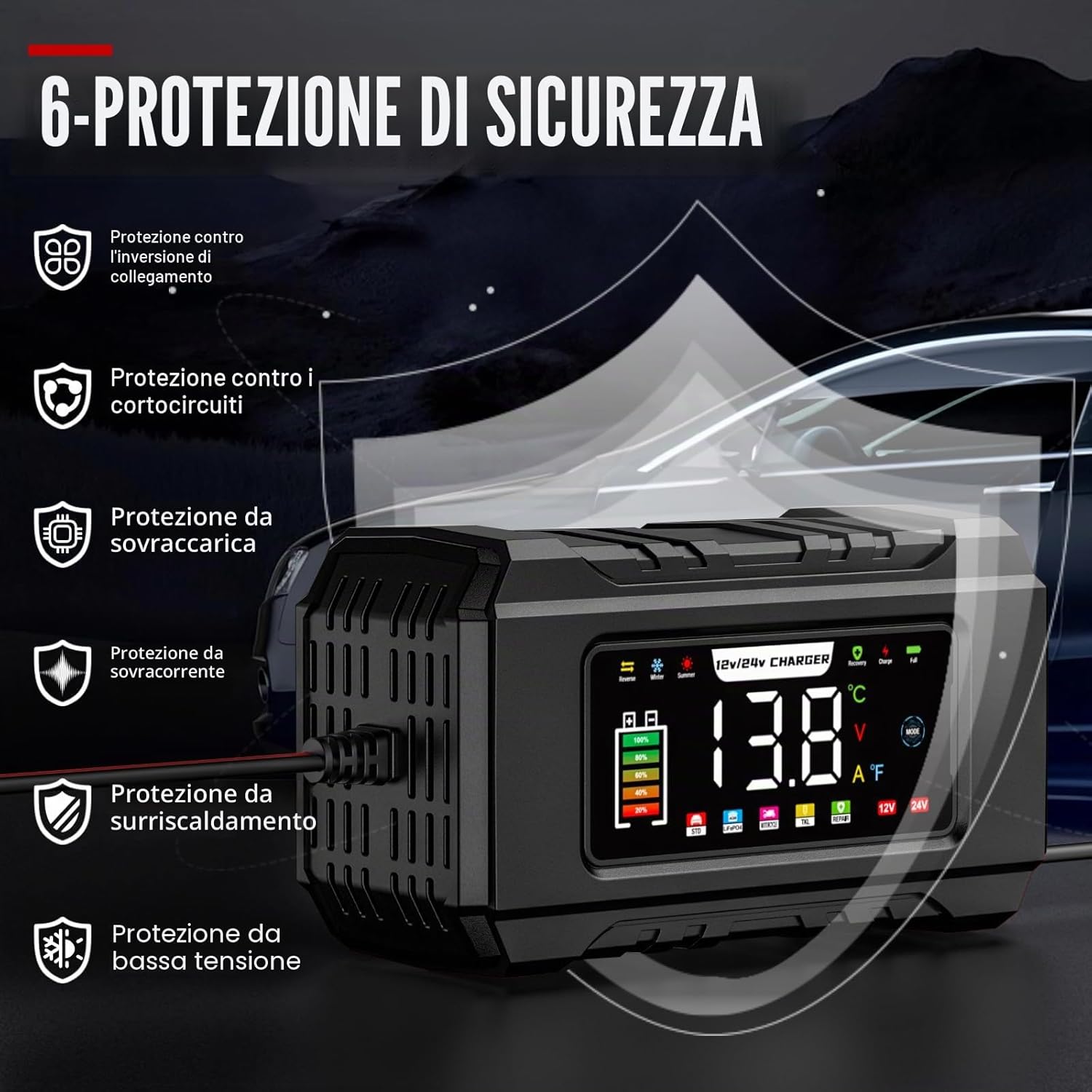 Detalle 2 de Caricabatterie Husgw 12V/24V 15A-8A con display a colori: ricarica sicura per auto, moto, camion e barche
