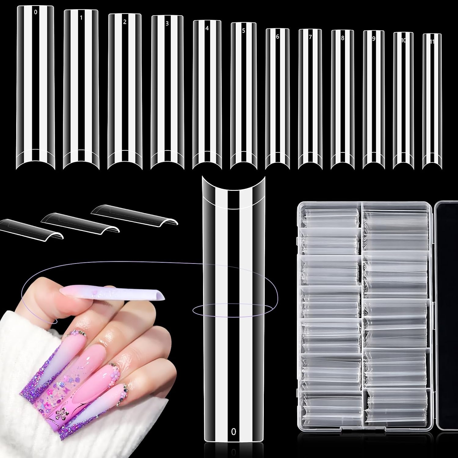 Detalle de LIONVISON 3XL Clear Square Nail Tips, 504 Pieces, Flat No-C-Curve, 12 Sizes
