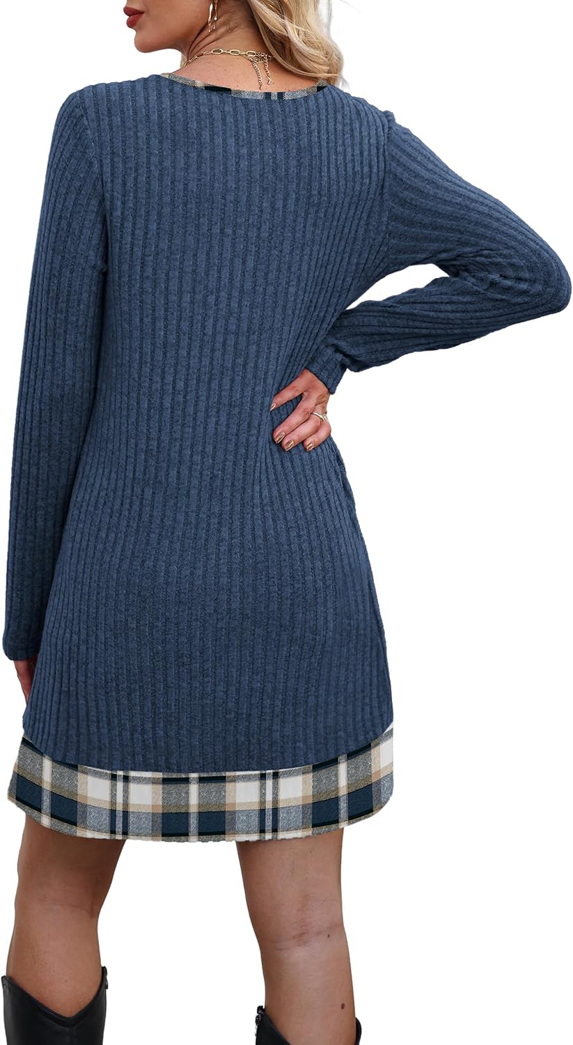 Detalle 1 de OFEEFAN Women's Color-Block Sweater Dress, Long Sleeve Ribbed Knit with Pockets