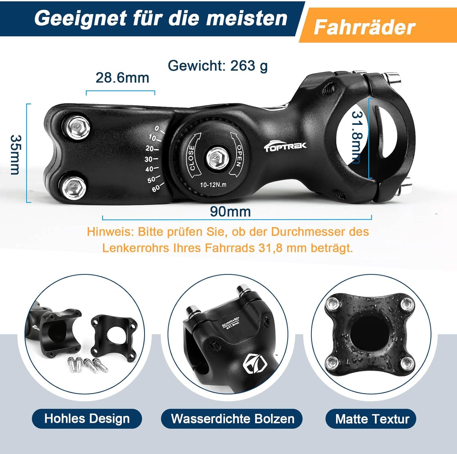 Detalle 1 de toptrek Fahrradlenker Vorbau – 31,8 mm Clamp, 90 mm, Aluminium, verstellbar