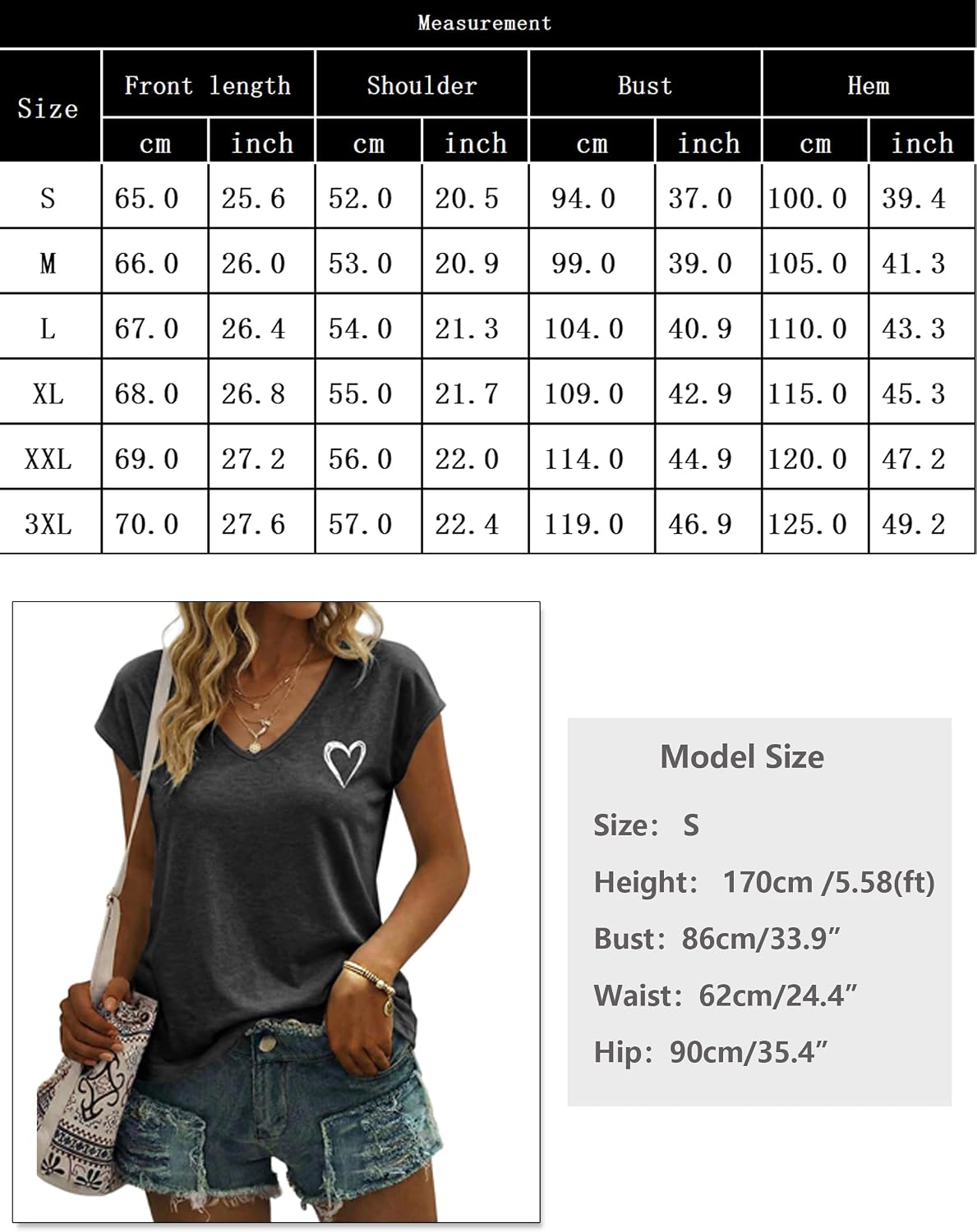 Detalle de T-shirt femme col V fluide Gyabnw avec imprimé cœur – manches courtes pour l’été