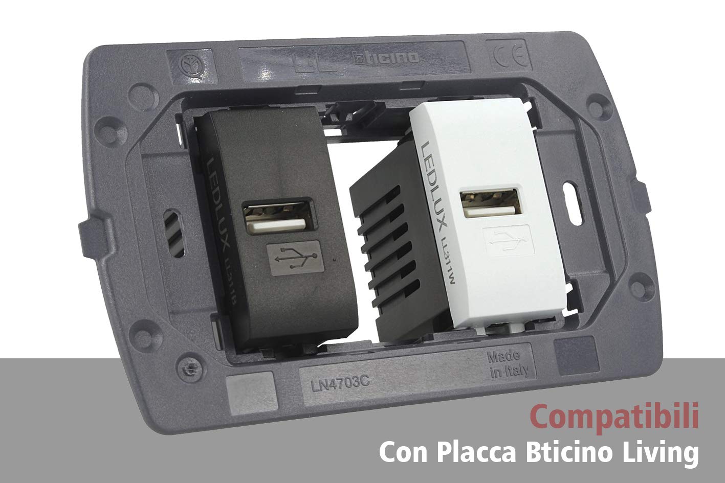 Detalle de Caricatore USB da parete 5V 2,1A compatibile con Bticino Living Light – nero