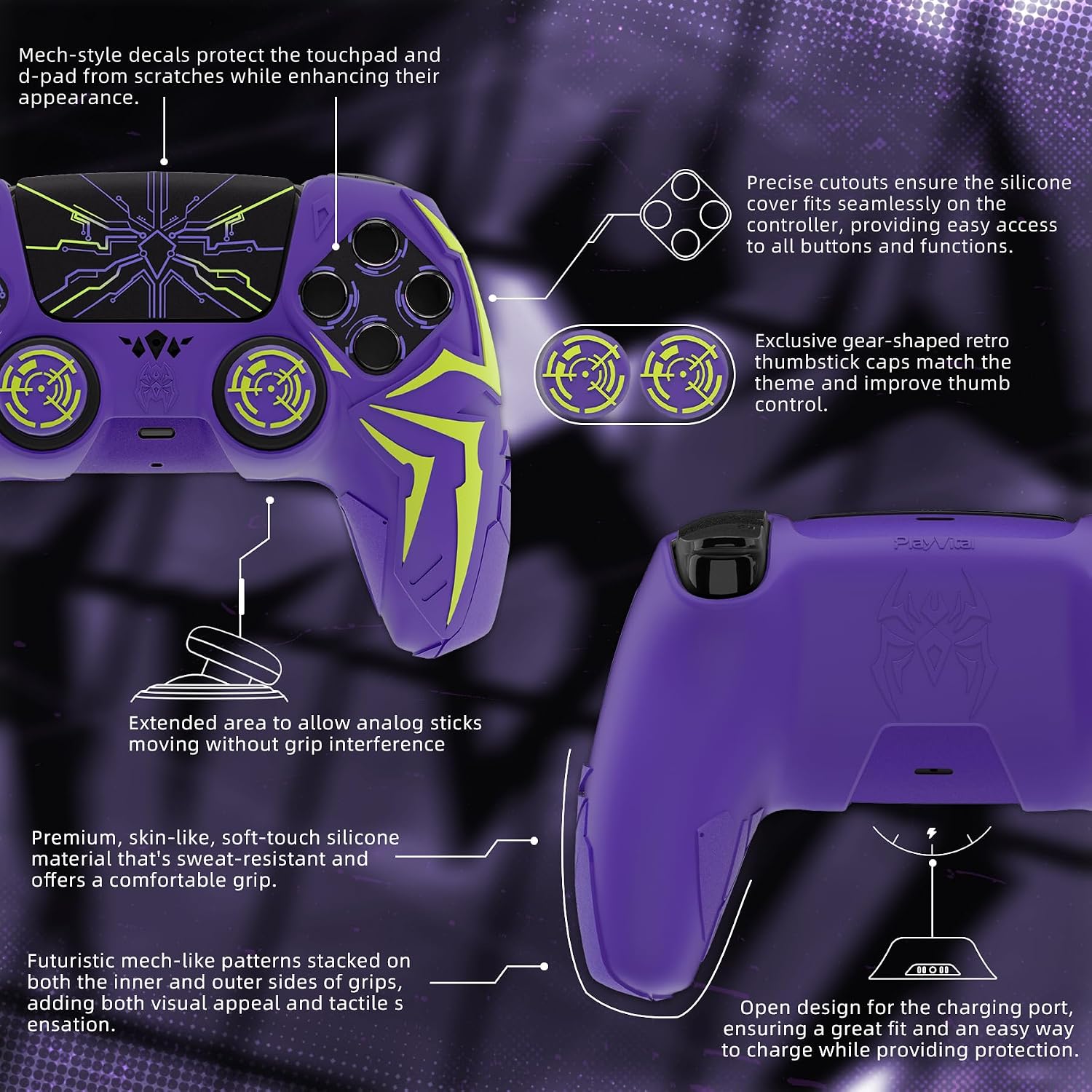 Detalle de PlayVital Design Silicone Case for PS5 Controller – Cyber Spider (Purple & Green)