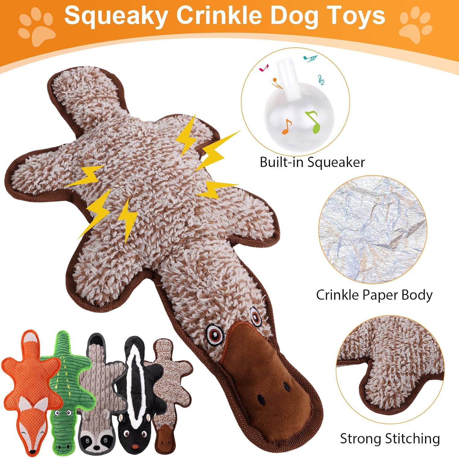 Detalle de Eneston SHE-008 No-Stuffing Squeaky Dog Toy Set with Crinkle Paper, 5-Pack