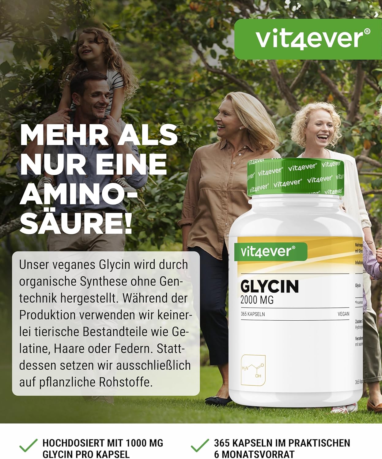 Detalle de vit4ever Glycin 365 Kapseln – hochdosiertes L-Glycin (2000 mg/Tag) vegan