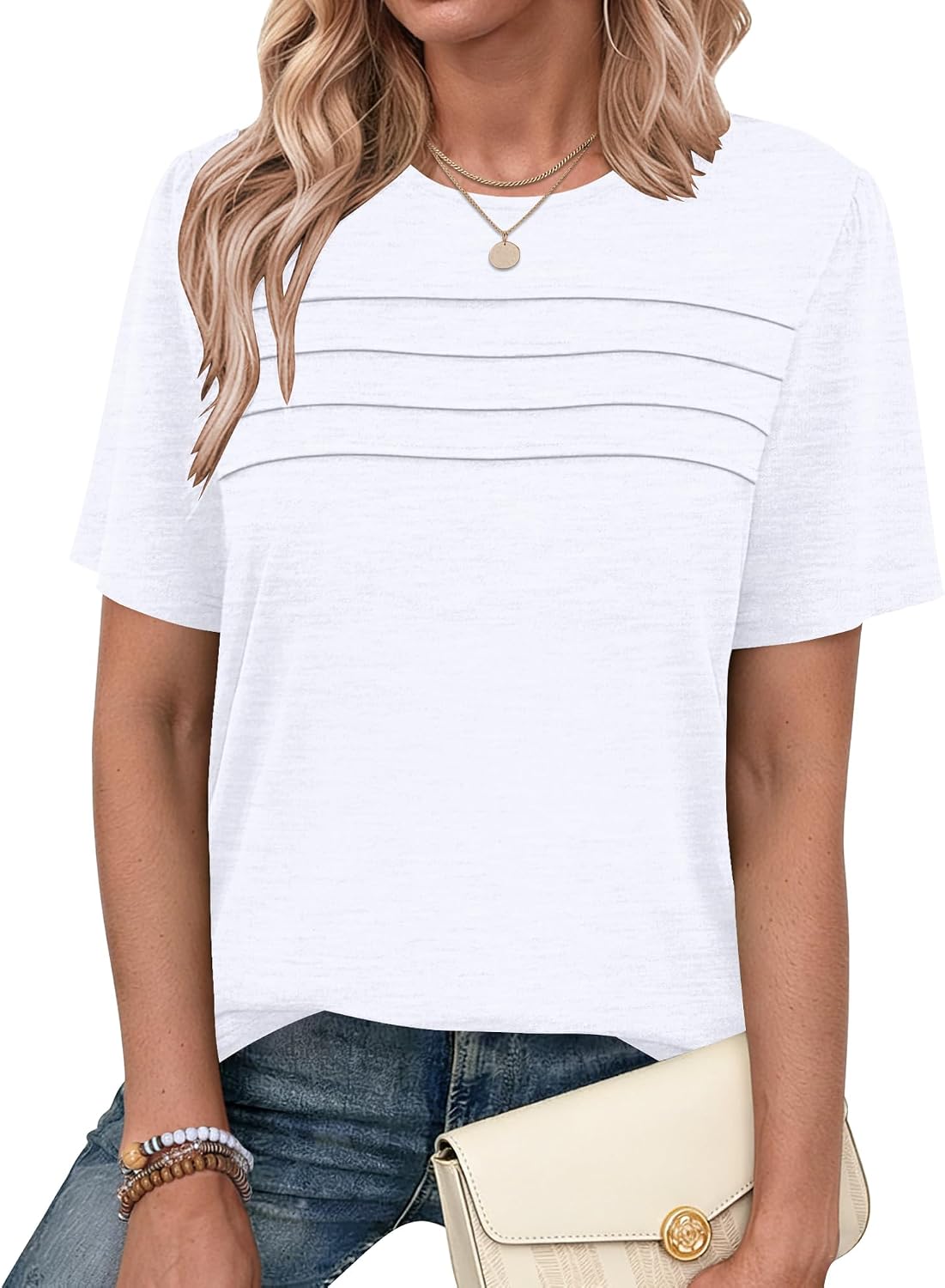 Detalle de PLMOKEN Tee Shirt Femme col rond à manches courtes plissé sur la poitrine