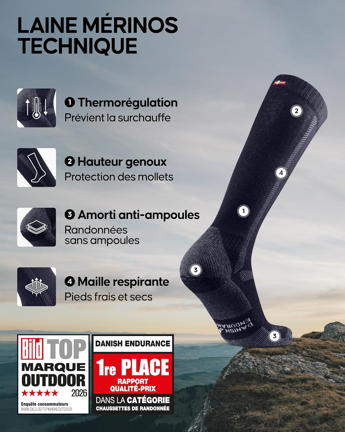 Detalle de DANISH ENDURANCE Chaussettes de randonnée en laine mérinos montantes thermiques (lot 1 ou 3)