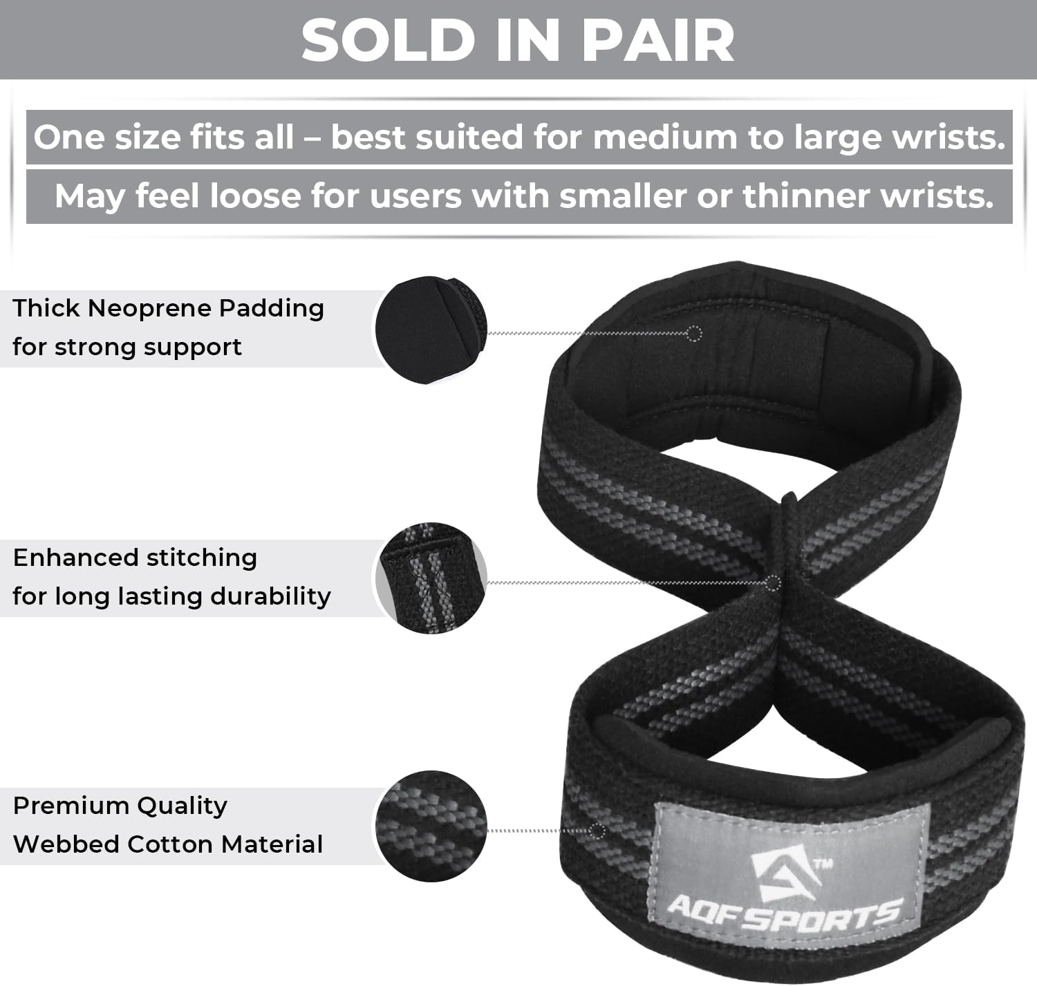 Detalle de AQF Figure 8 weight lifting straps with padded cuff support (pair)