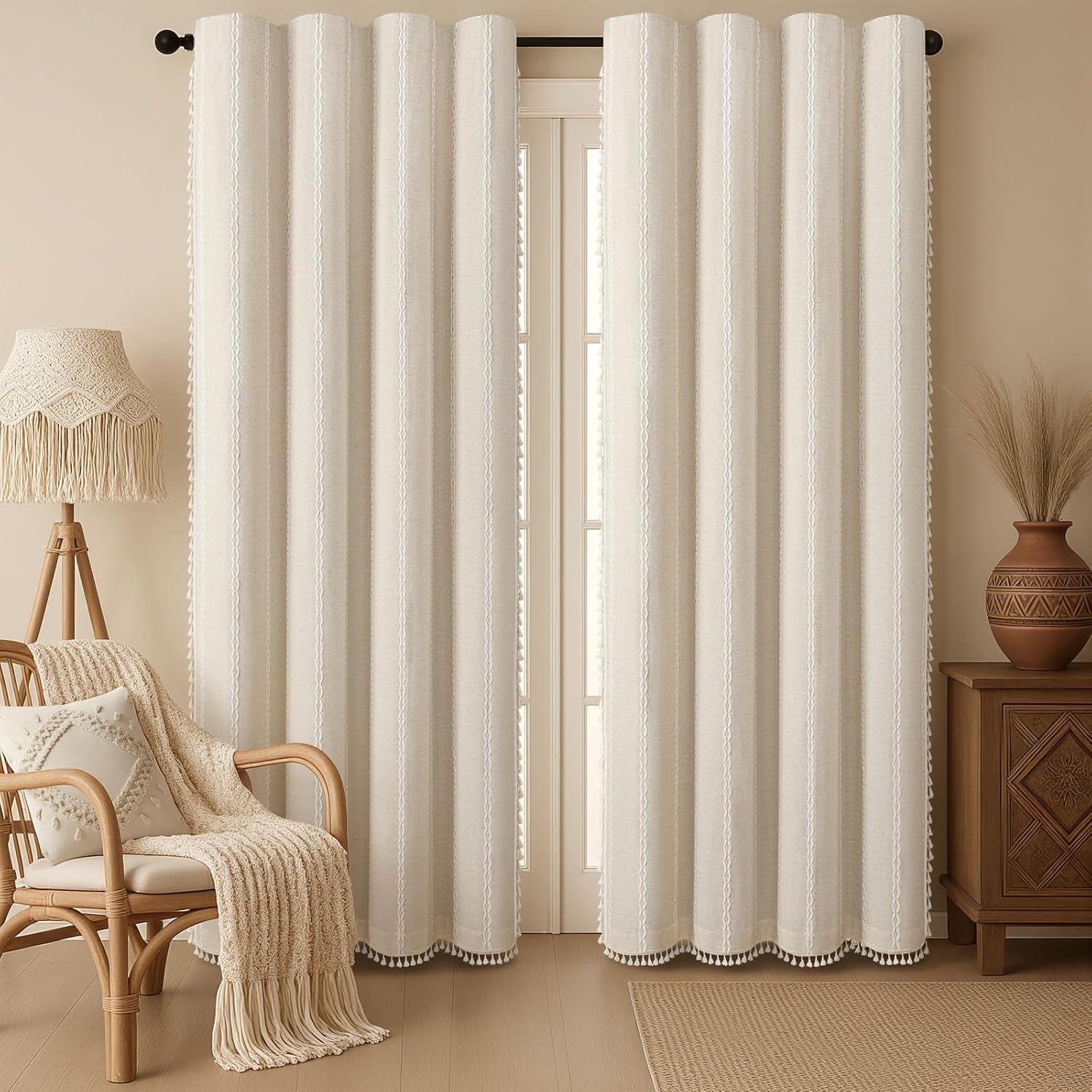 Thumbnail 1 de XOGUIBO Boho Blackout Curtains (2 Panels, 84 Inch) Beige Linen Texture with Tassels