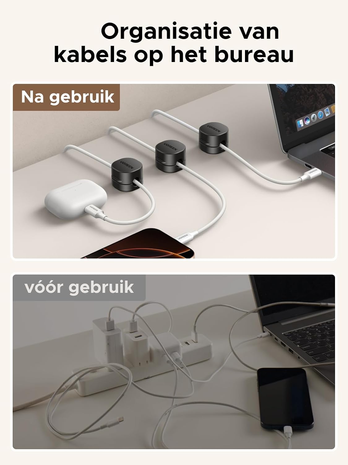 Detalle de UGREEN 6-delige magnetische kabelhouders, zelfklevend en geschikt voor kabels tot 7,5 mm