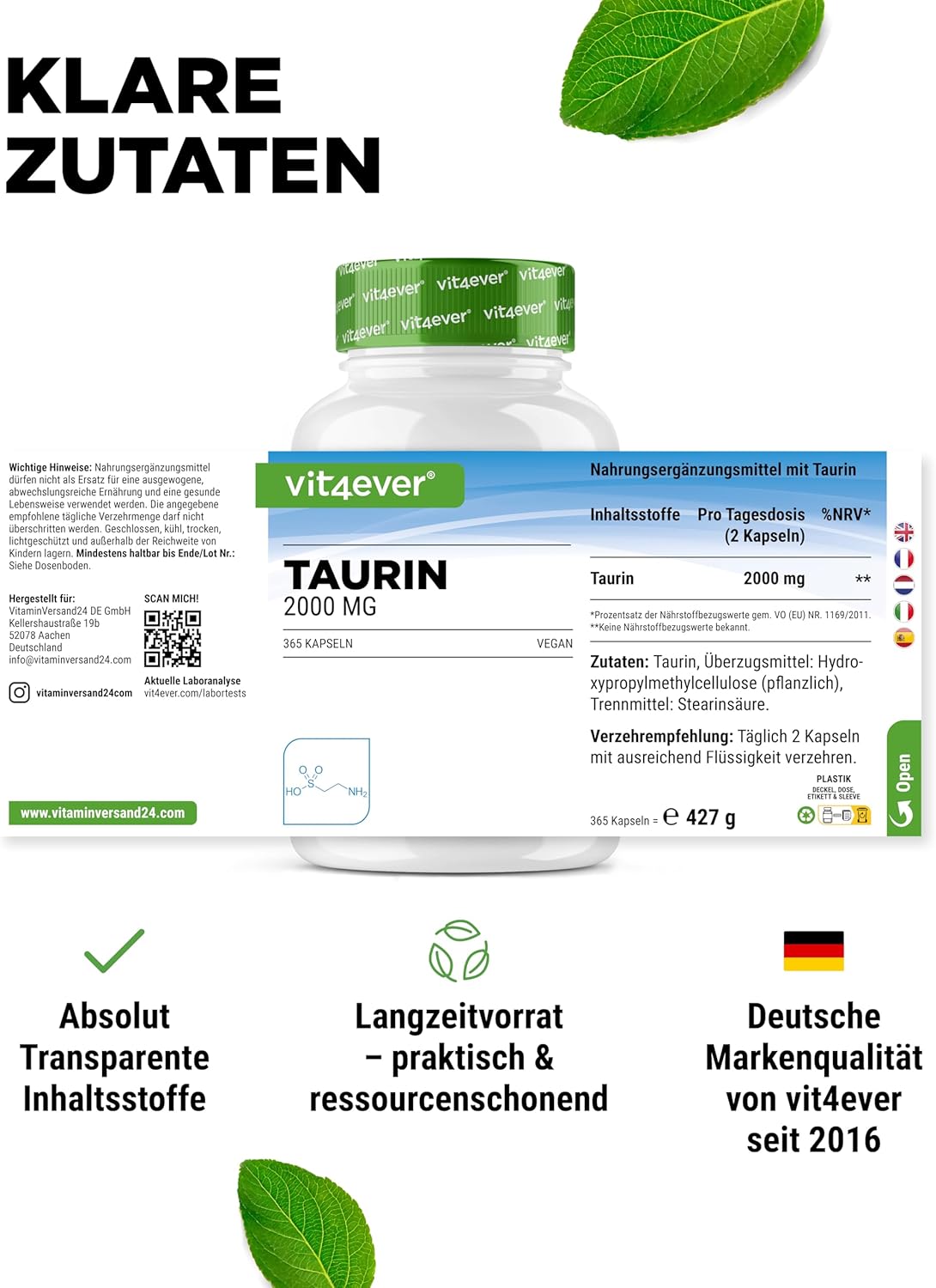 Detalle de vit4ever Taurin 365 Kapseln – 2000 mg Tagesdosis (2 Kapseln), vegan