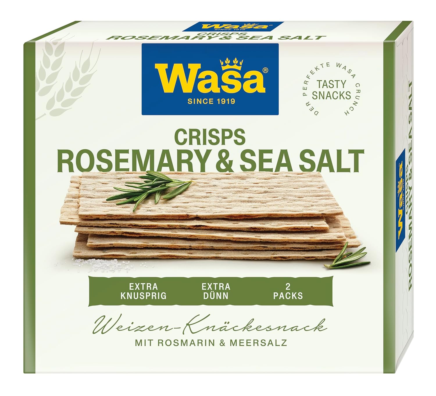 Detalle 2 de Wasa Tasty Snacks Crisps Rosmarin & Meersalz 190 g – Extra dünnes Knäckebrot-Snack-Genuss, 2 Packs