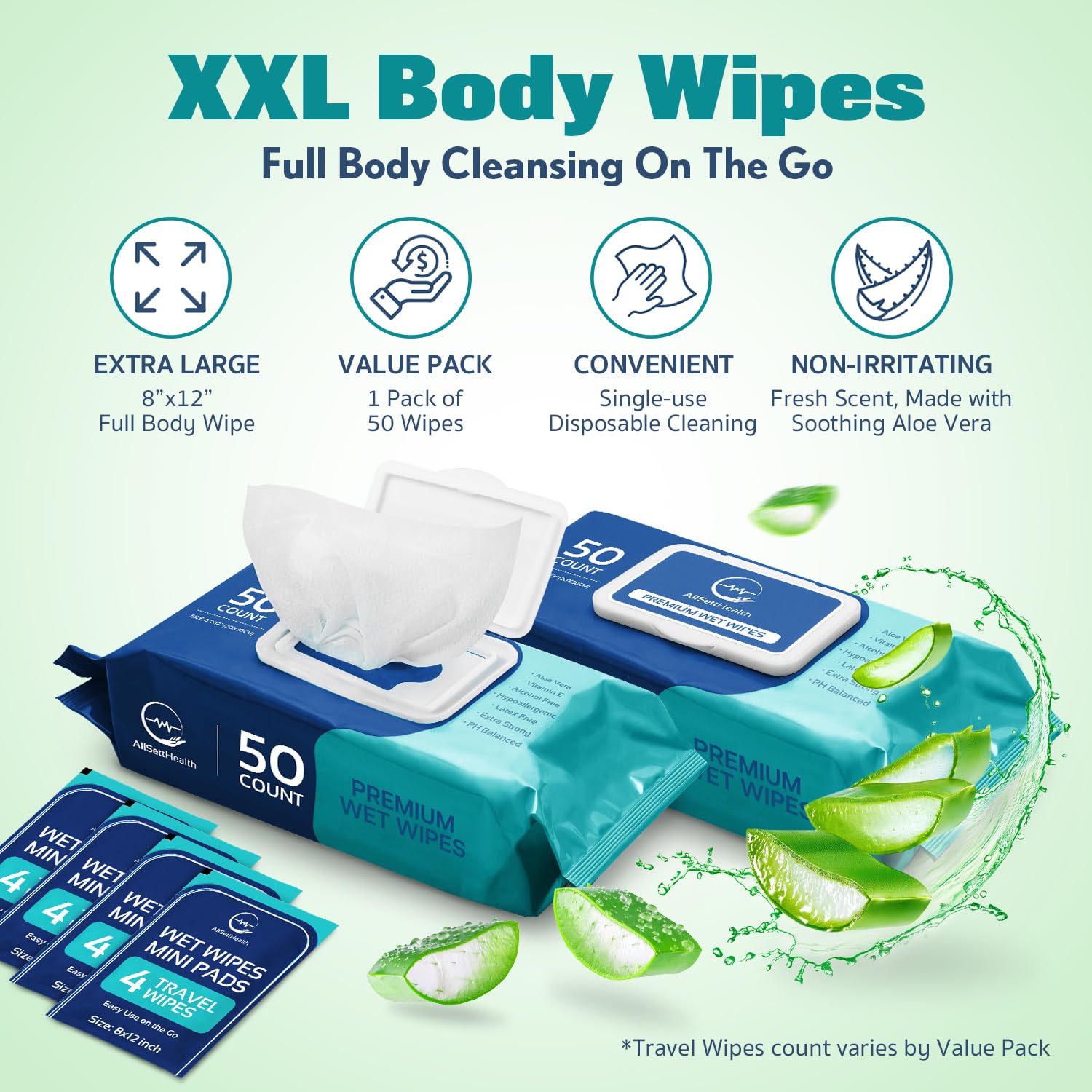 Thumbnail 1 de Body Wipes for Adults Bathing No Rinse - 8x12, 200 Count (4 Packs) with Aloe Vera & Vitamin E