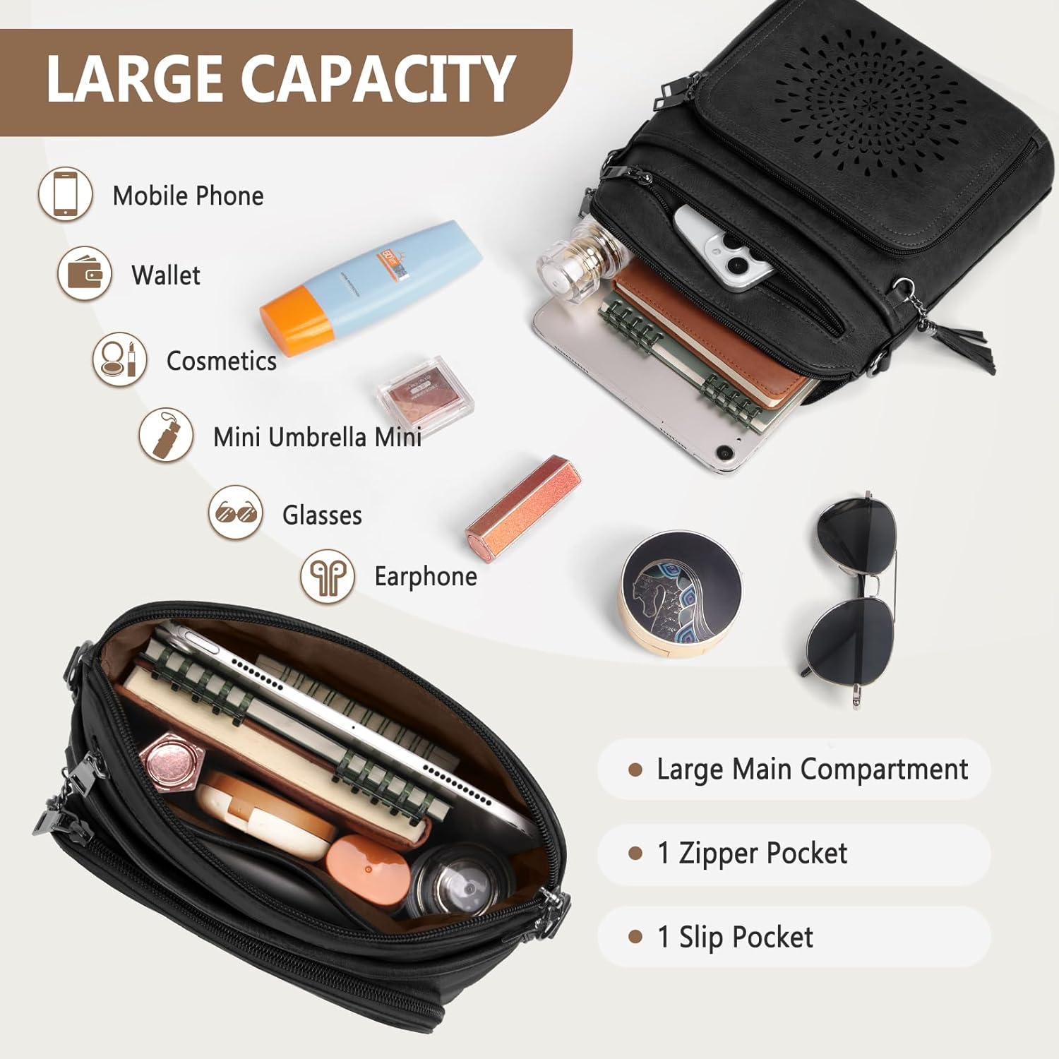 Thumbnail 2 de RAINSMORE Umhängetasche Damen Mittelgroß – Crossbody mit integrierter Geldbörse und verstellbarem Gurt