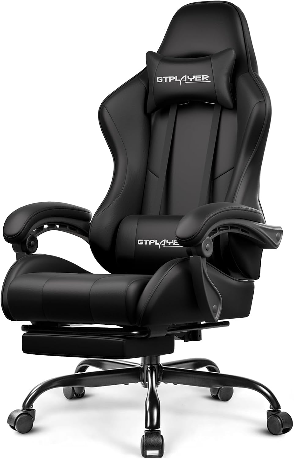 GTPLAYER Gaming Chair with Footrest, Lumbar Support, Headrest, and Height Adjustment (Black Faux Leather)