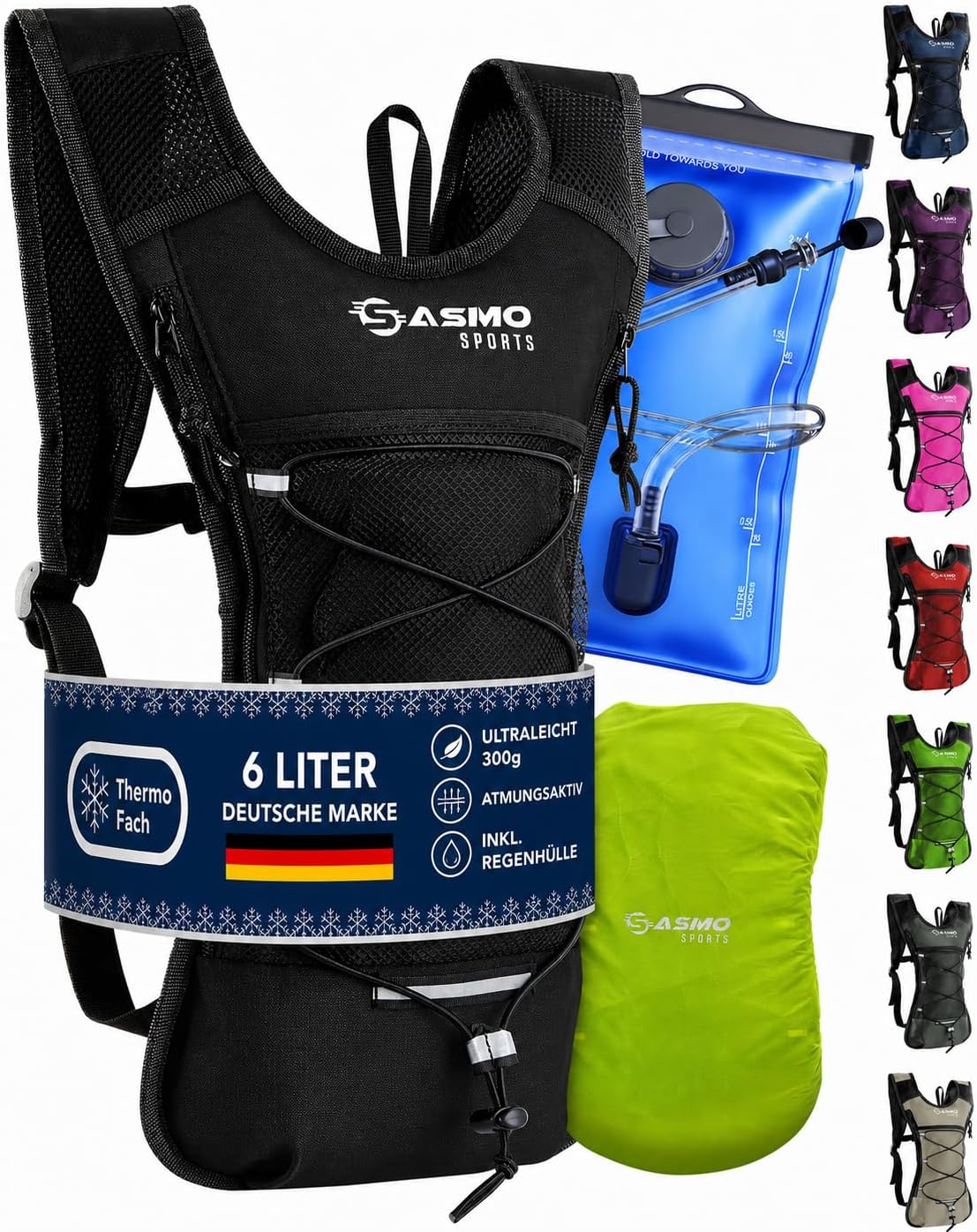 Detalle de SASMO Trinkrucksack schwarz mit Thermofach und Trinkblase 2 l (6 l)