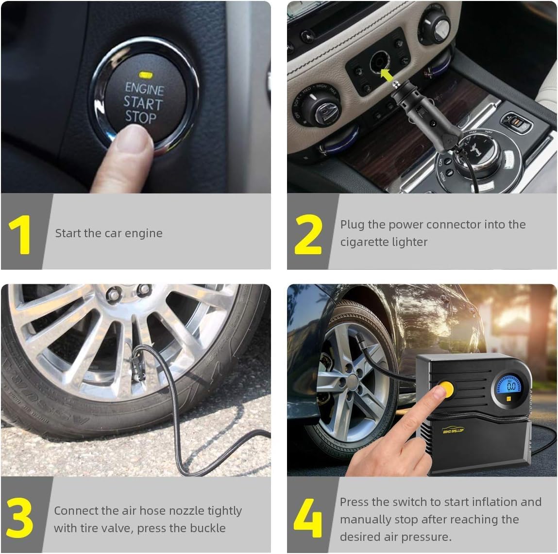 Detalle de WindGallop Car Tyre Inflator Air Compressor: Compact 12V Pump with Gauge and Adapters