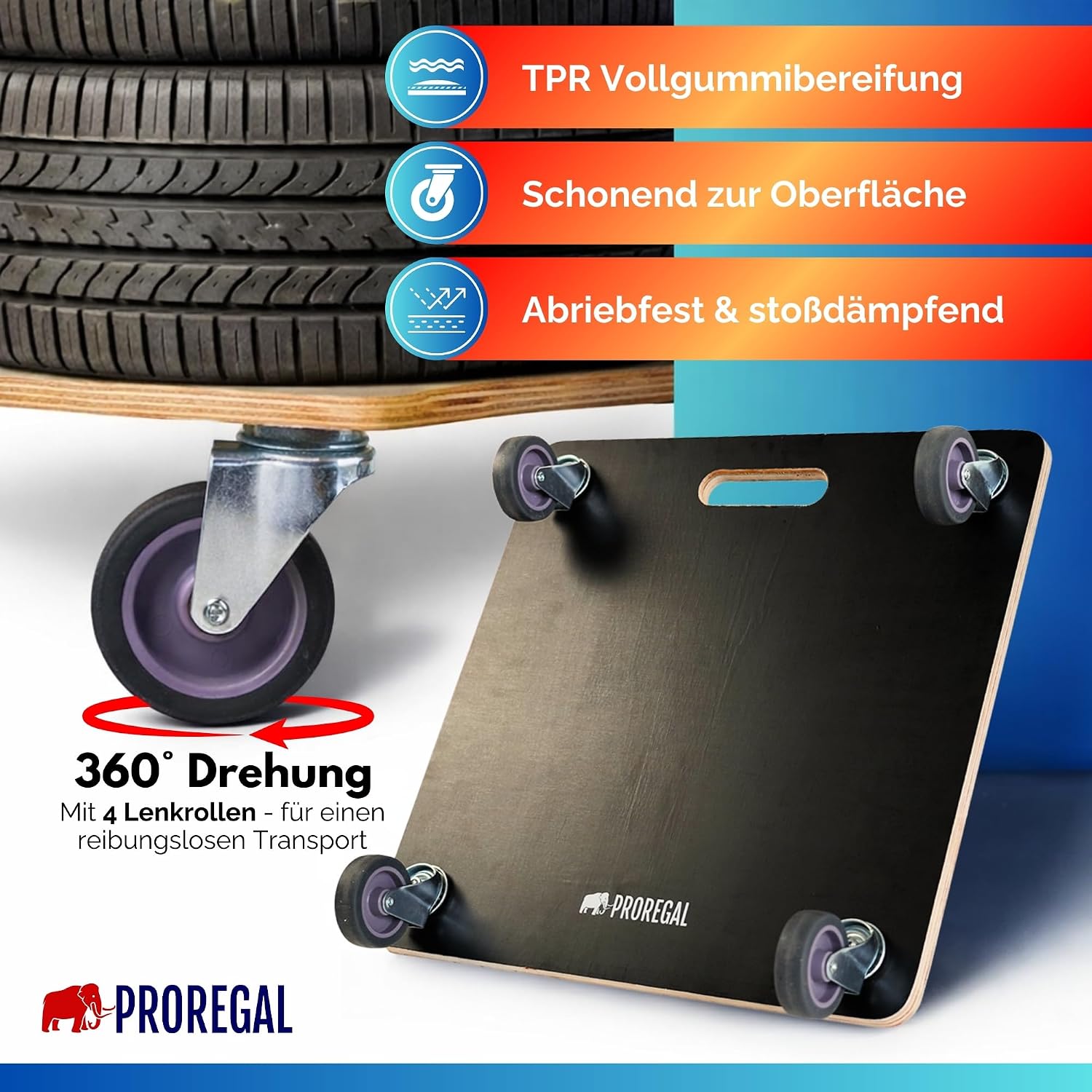 Detalle de PROREGAL 2er Set Profi Transportroller HERCULES (50 x 50 cm) bis 150 kg – Schwerlast-Rollbrett mit Griff