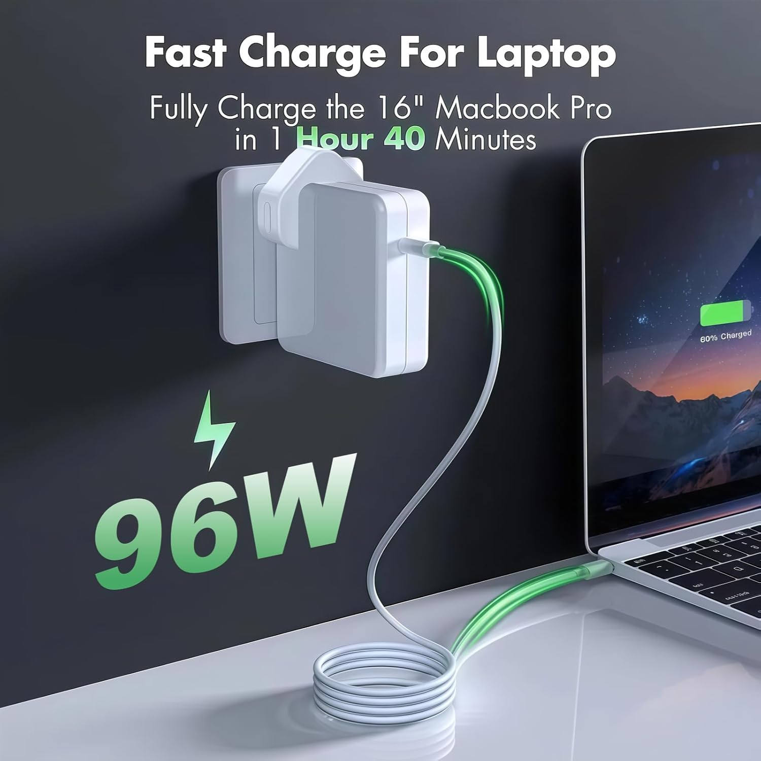 Thumbnail 1 de AILKIN 96W USB-C Super Fast Charger with 2m Cable for MacBook and USB-C Devices