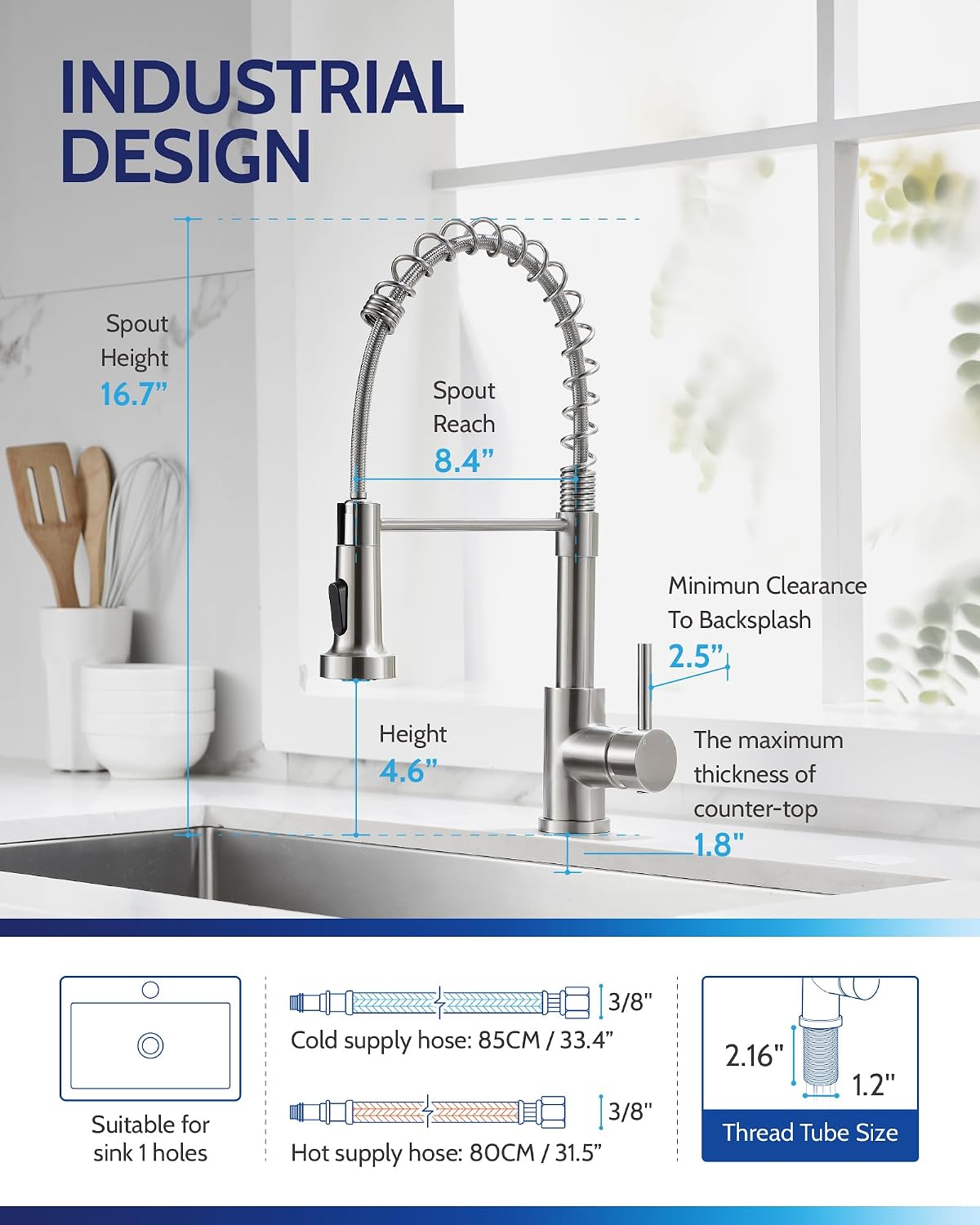 Detalle de LUFEIDRA 07STL Pull-Down Kitchen Faucet, Brushed Nickel, High-Arc