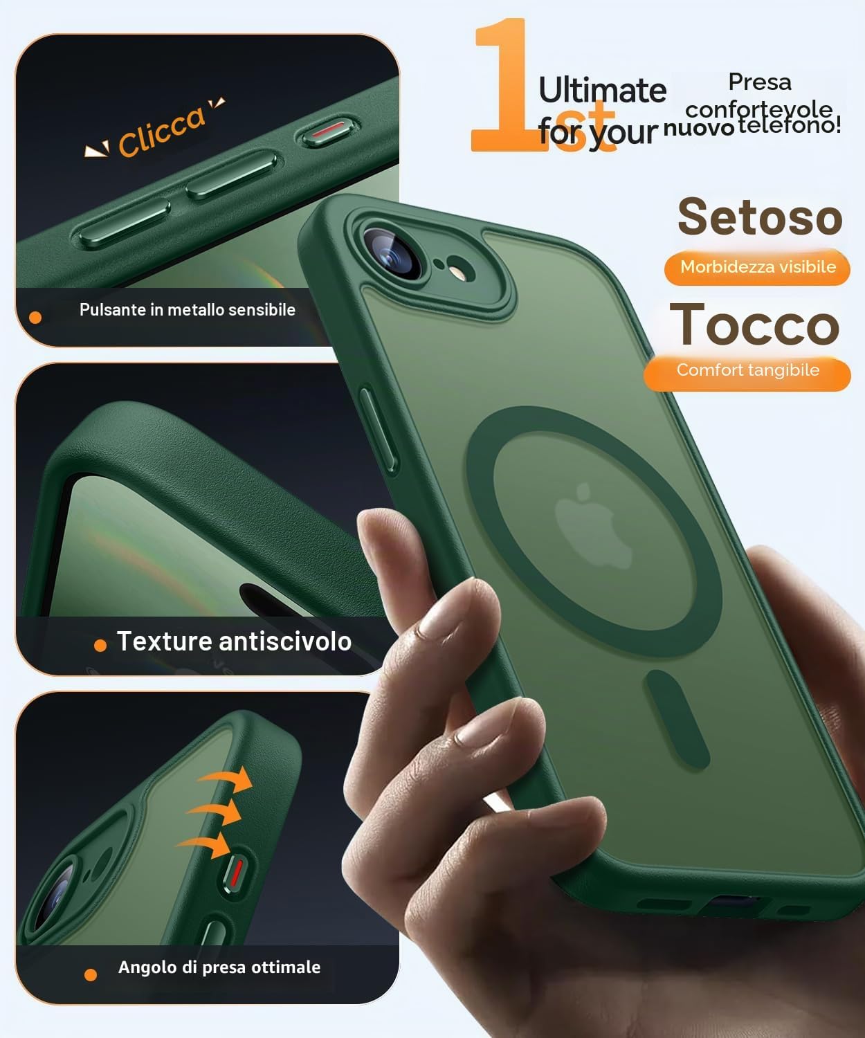Detalle de CANSHN Magnetica Cover per iPhone 16e / 17e (6.1") – Protezione completa della fotocamera, design opaco traslucido verde profondo
