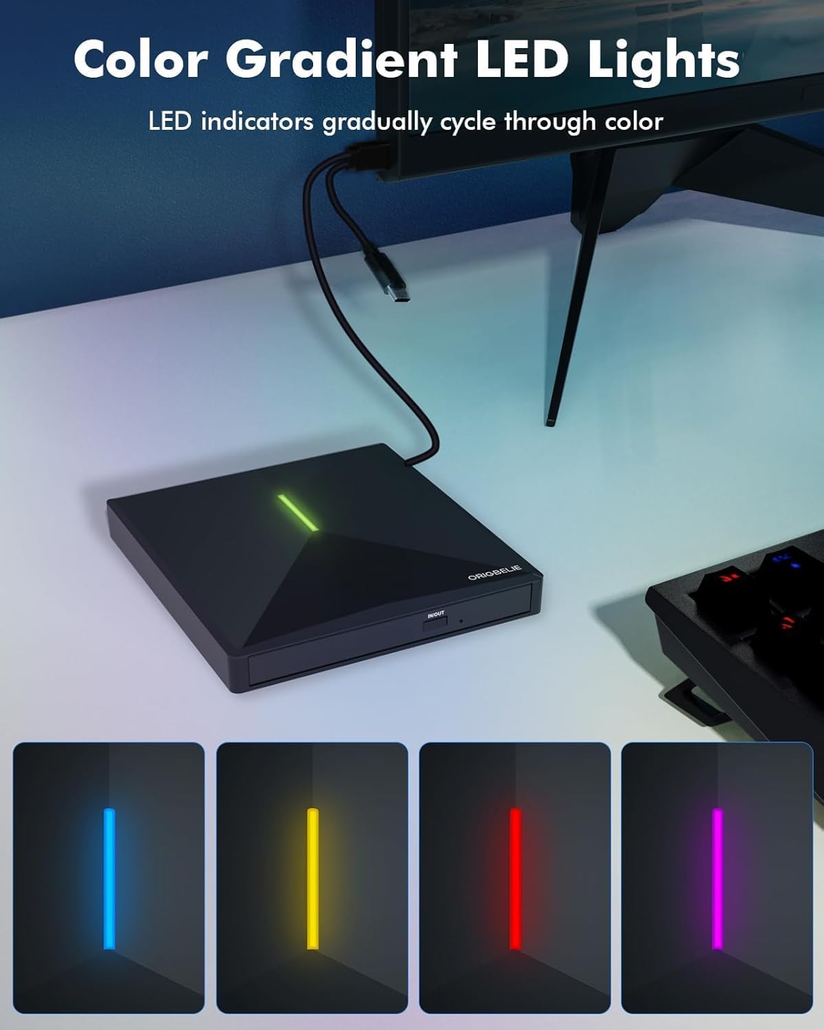 Detalle de ORIGBELIE TP888-NEW External CD/DVD Drive, USB 3.0 Hub and SD/TF Reader