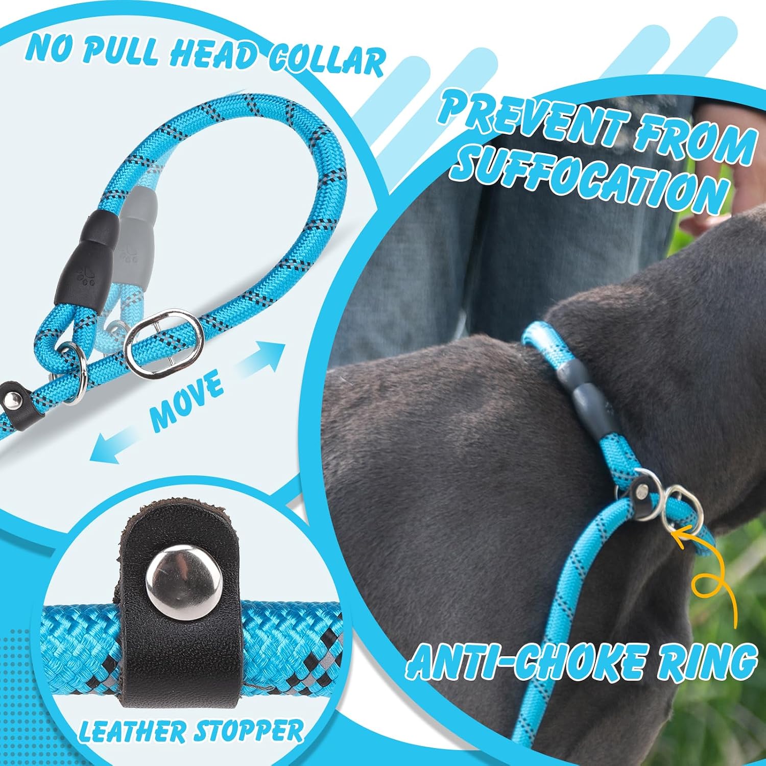 Detalle de EXPAWLORER 2m Slip Lead for Dogs (Anti-Pull, Anti-Choking) with Padded Handle and Reflective Rope – Blue