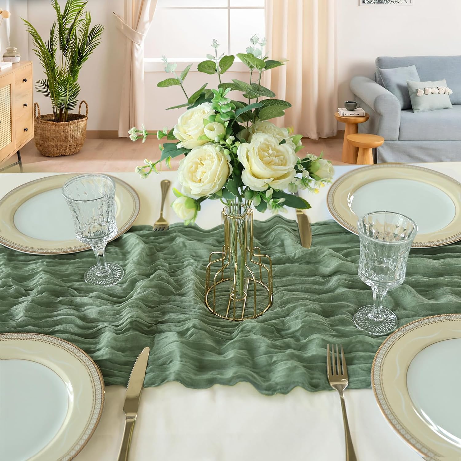 Thumbnail 3 de CKIKU 6-Pack Sage Green Cheesecloth Table Runner (10FT Each)