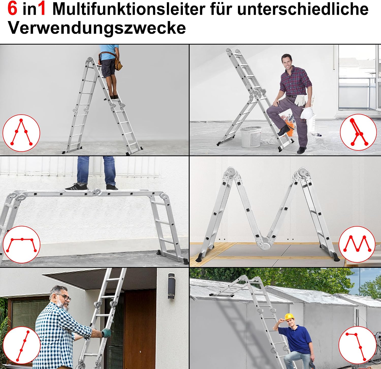 Detalle de LZQ MD-R107 4 x 4 Multi-Purpose Ladder, 470 cm, Aluminium, 6-in-1