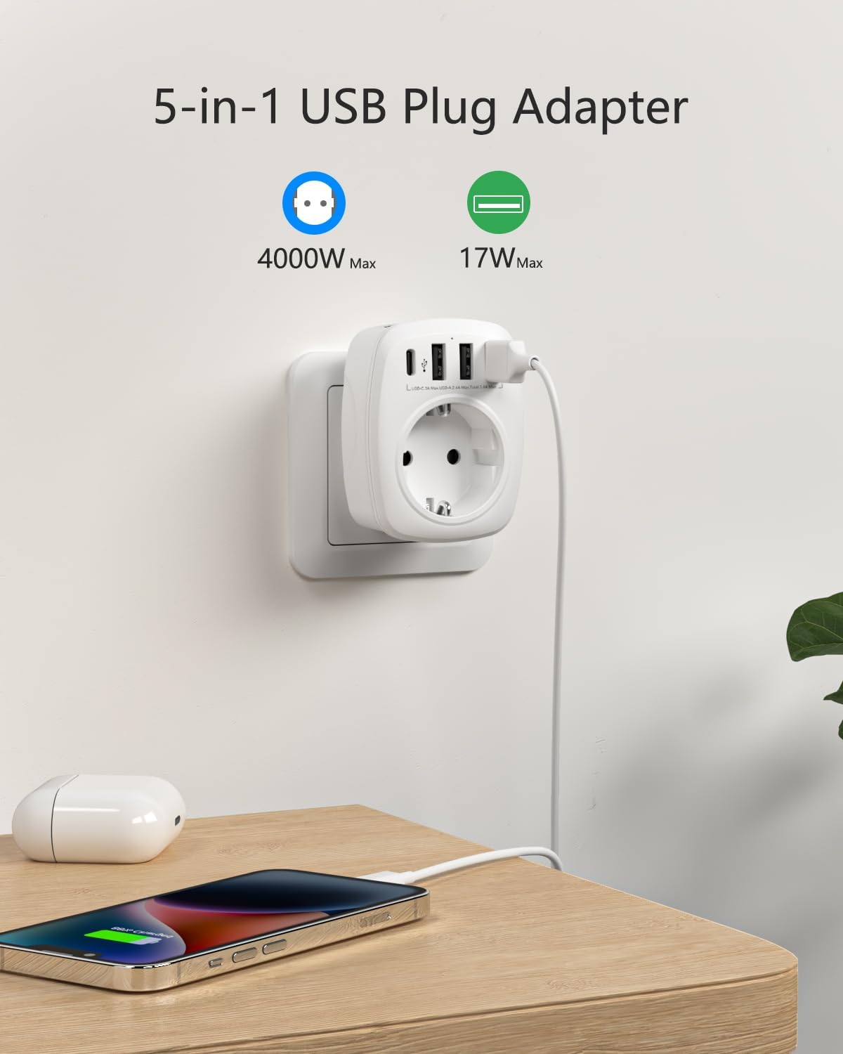 Detalle 2 de LENCENT 5‑in‑1 Steckdosenadapter mit USB und Typ‑C 🔌