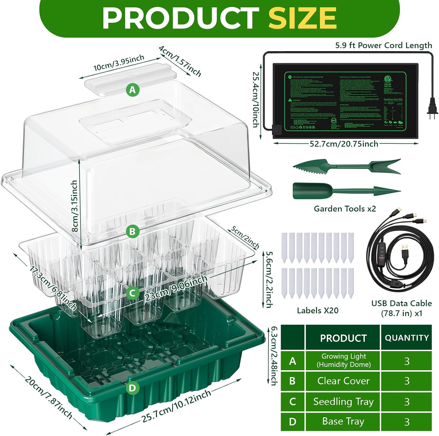 Detalle de 2026 Seed Starter Tray Kit, 36 Cells, Grow Lights, Heat Mat and Humidity Domes