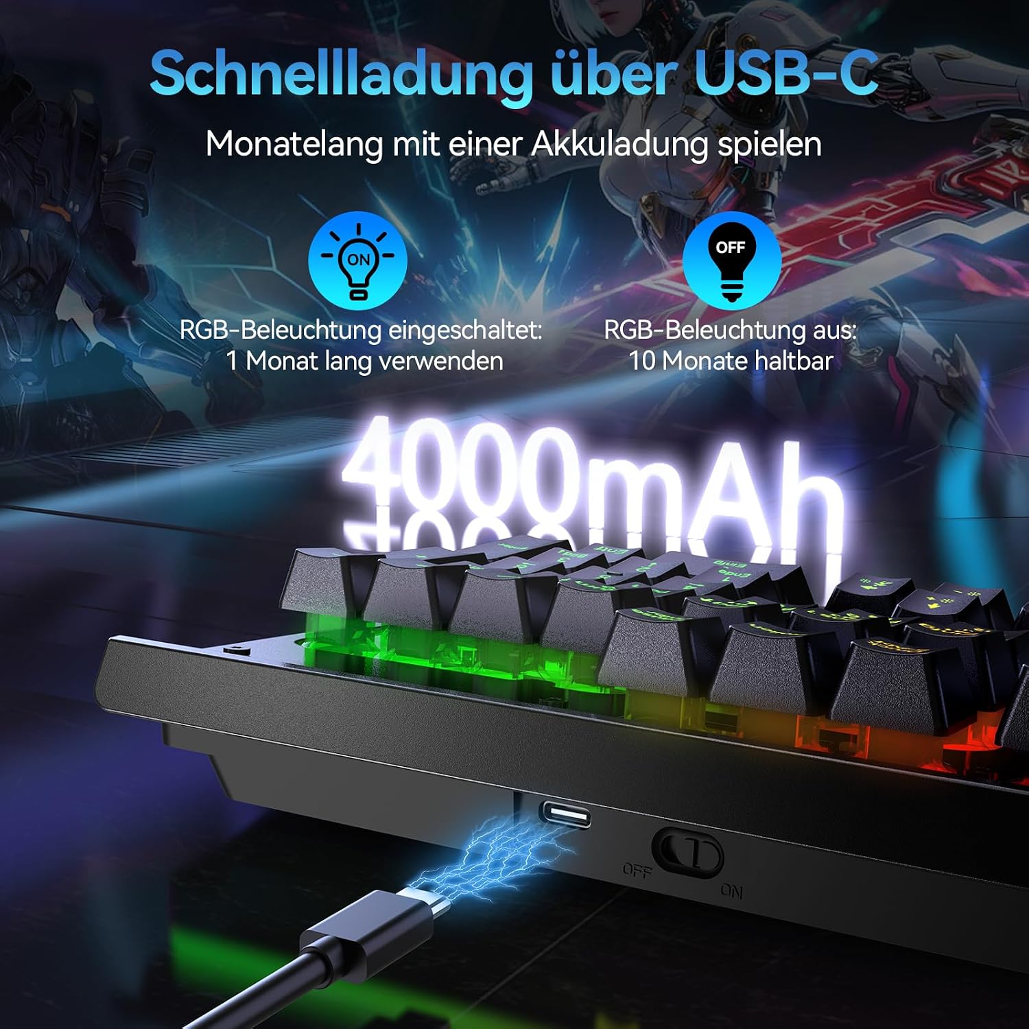 Thumbnail 1 de TECKNET Gaming-Tastatur kabellos (QWERTZ, deutsches Layout) mit RGB, 105 Tasten und Handgelenkauflage
