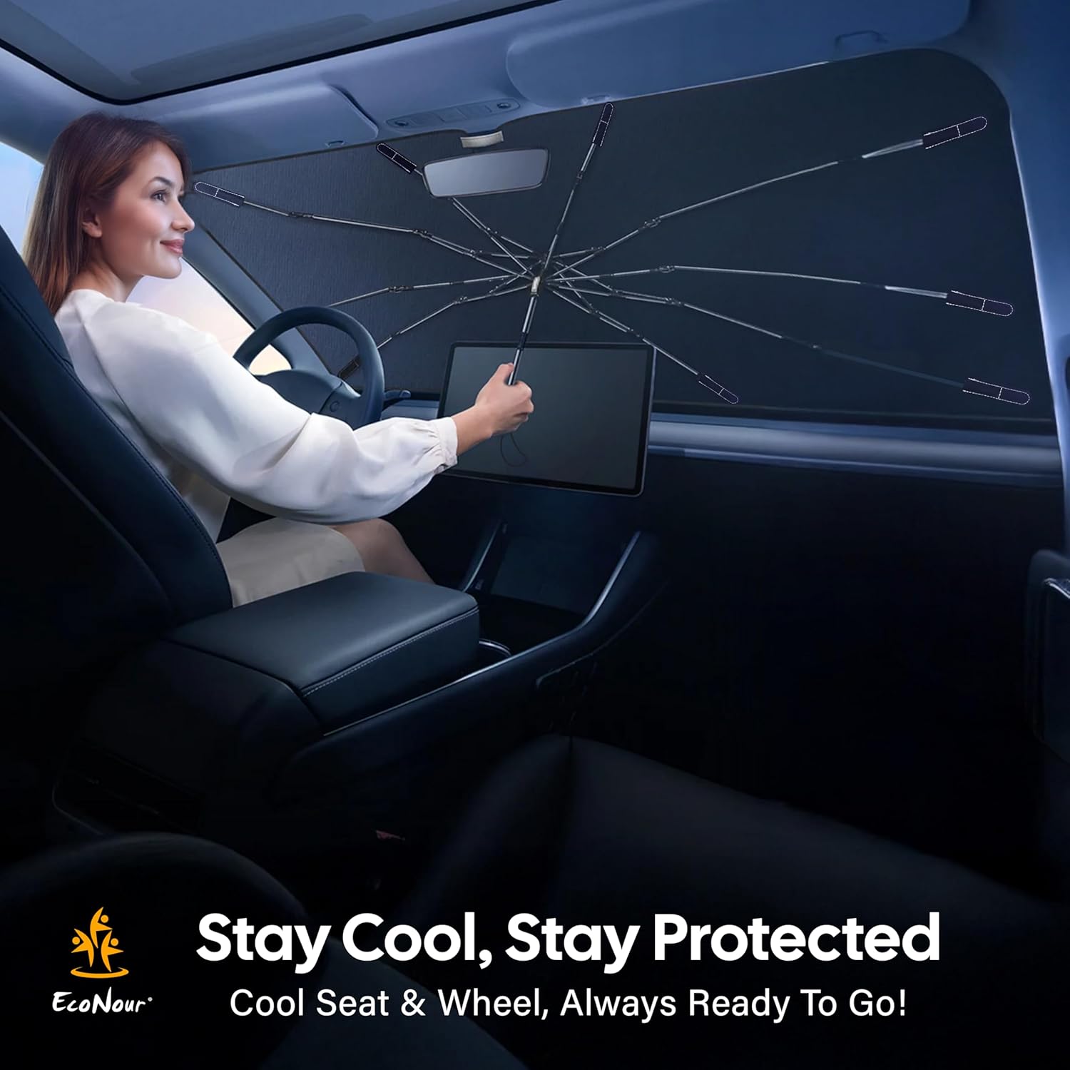 Detalle de EcoNour Windshield Sun Shade Umbrella for Car — Medium Foldable 57” x 33” with 5-Layer UV Blocking & Extreme Heat Protection