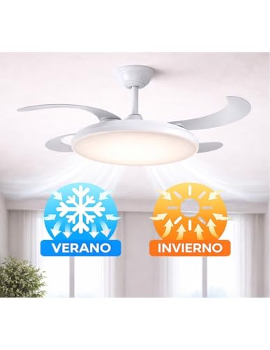 Detalle de JARDIN202 Zahara Wifi Blanco: Ventilador de Techo con Aspas Retráctiles, Luz LED Regulable y Control Remoto