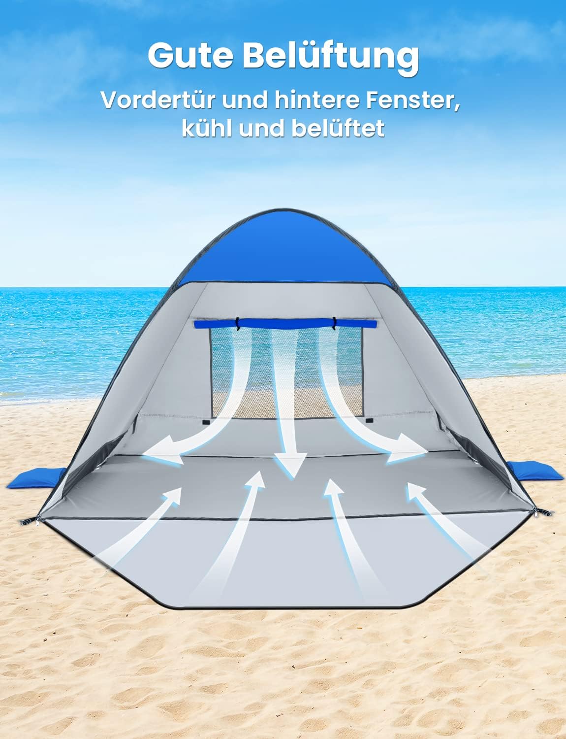 Detalle de Glymnis Strandmuschel Pop Up Strandzelt – UV-Schutz 50+, Windschutz, blau, kompakt