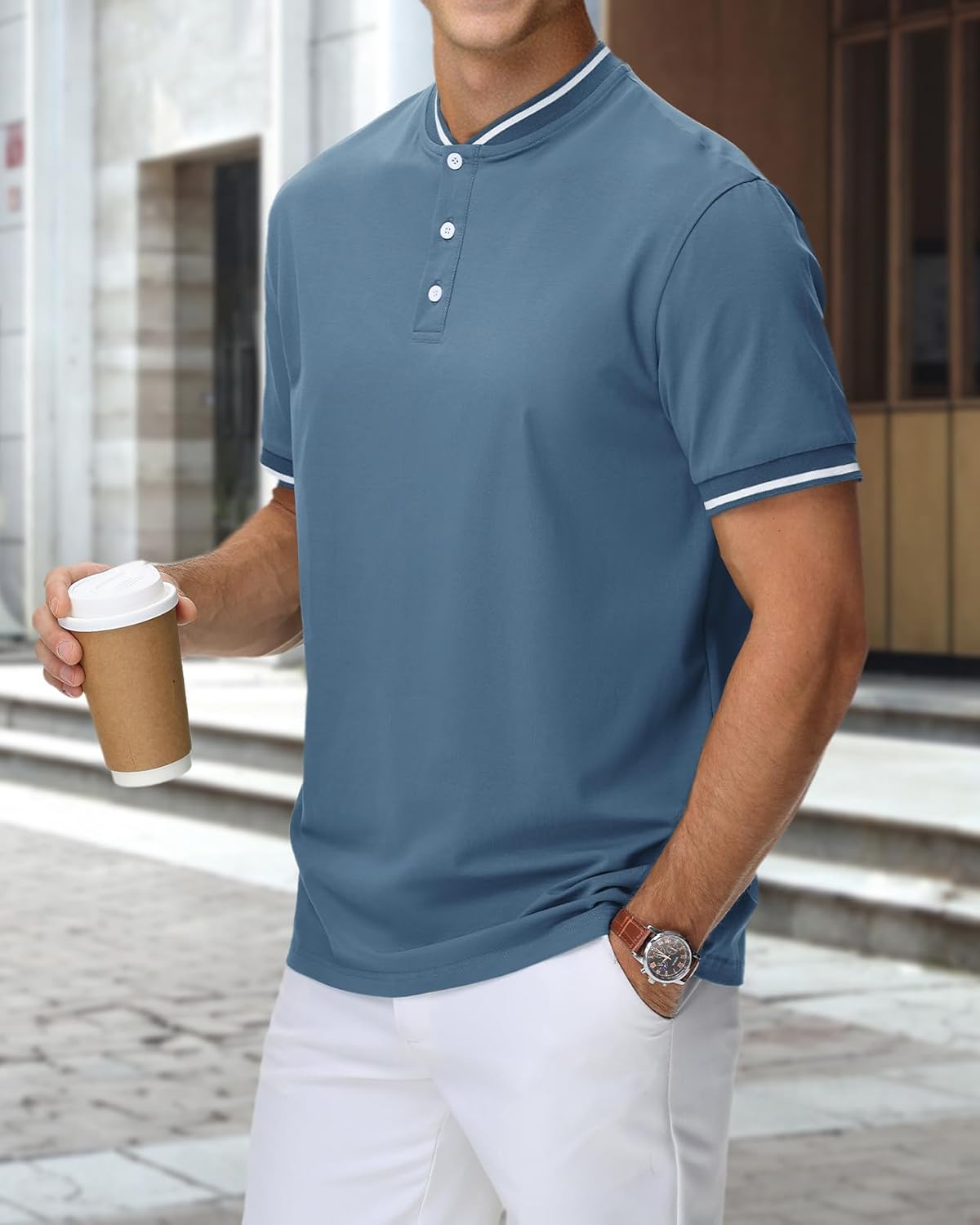 Thumbnail 1 de HMIYA Herren Henley Polo Kurzarm – atmungsaktives Baumwoll-Elasthan-T-Shirt mit Kontrastkante