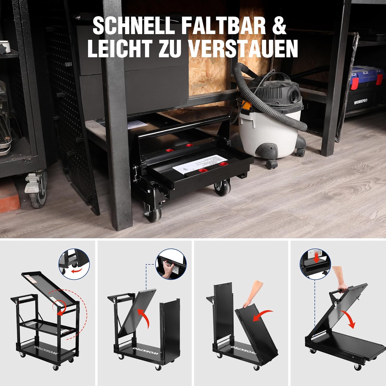 Detalle 2 de WORKPRO Servierwagen 3-in-1 klappbar – Rollwagen mit 3 Etagen für Küche, Werkstatt & Galerie