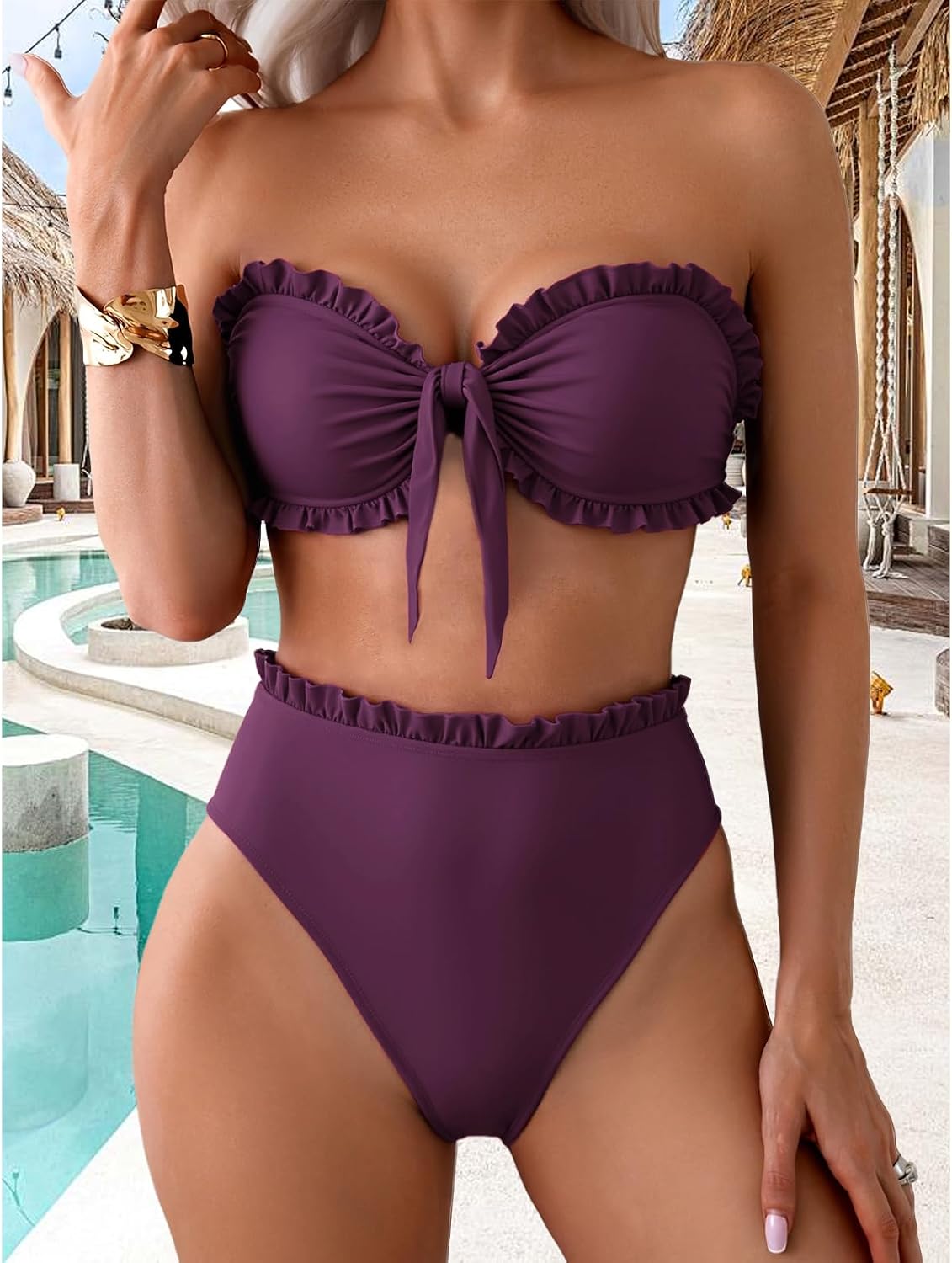 Detalle de OUSIMEN bikiniset för kvinnor med volangbandeau, hög midja och rosettdetalj
