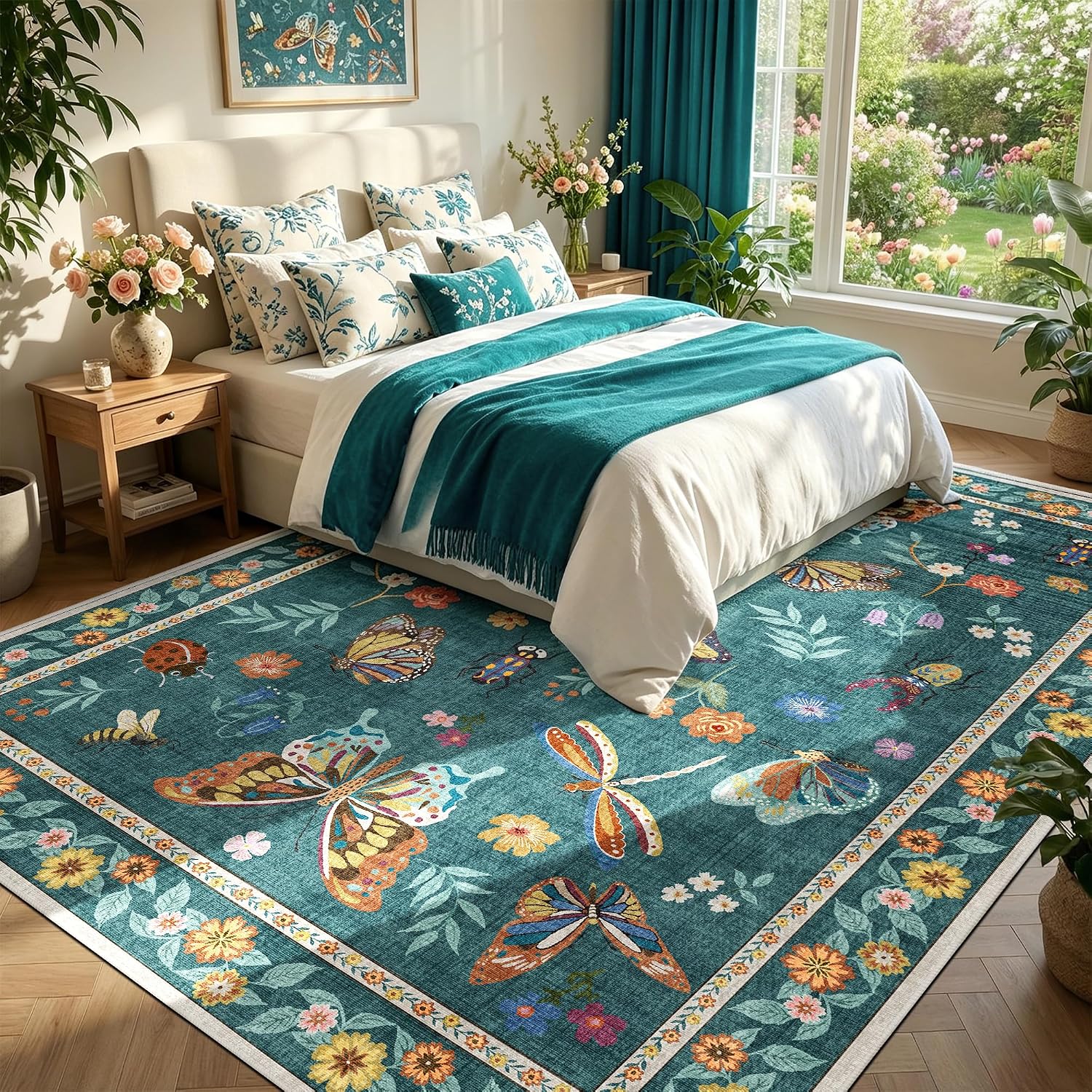 Detalle de AIMPEAK Teal Insect Area Rug, 5' x 7', Washable Low-Pile Polyester