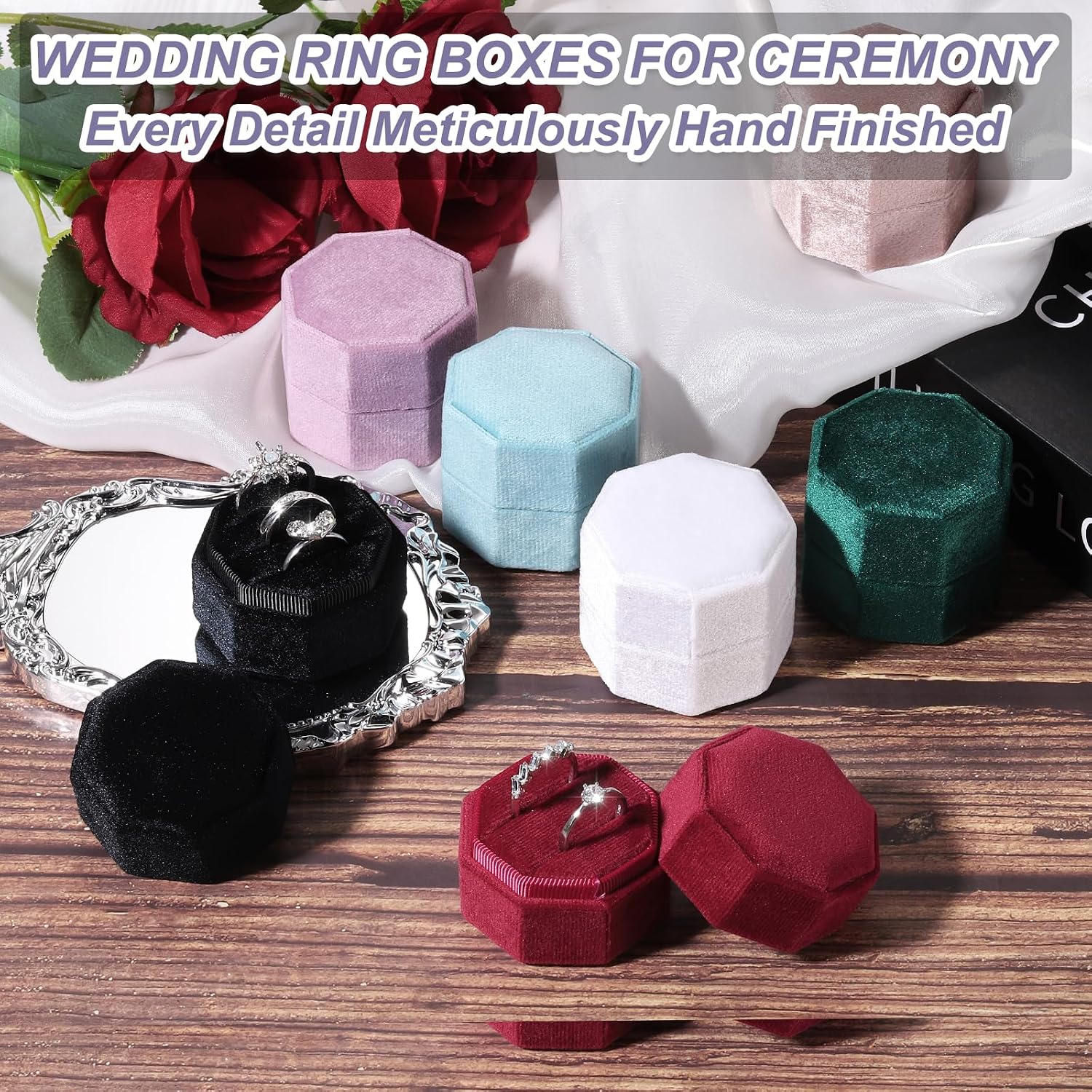 Detalle de PATIKIL 2 Slots Vintage Velvet Ring Boxes (2 Pack) – Octagonal Sky Blue Ring Bearer Boxes for His & Hers